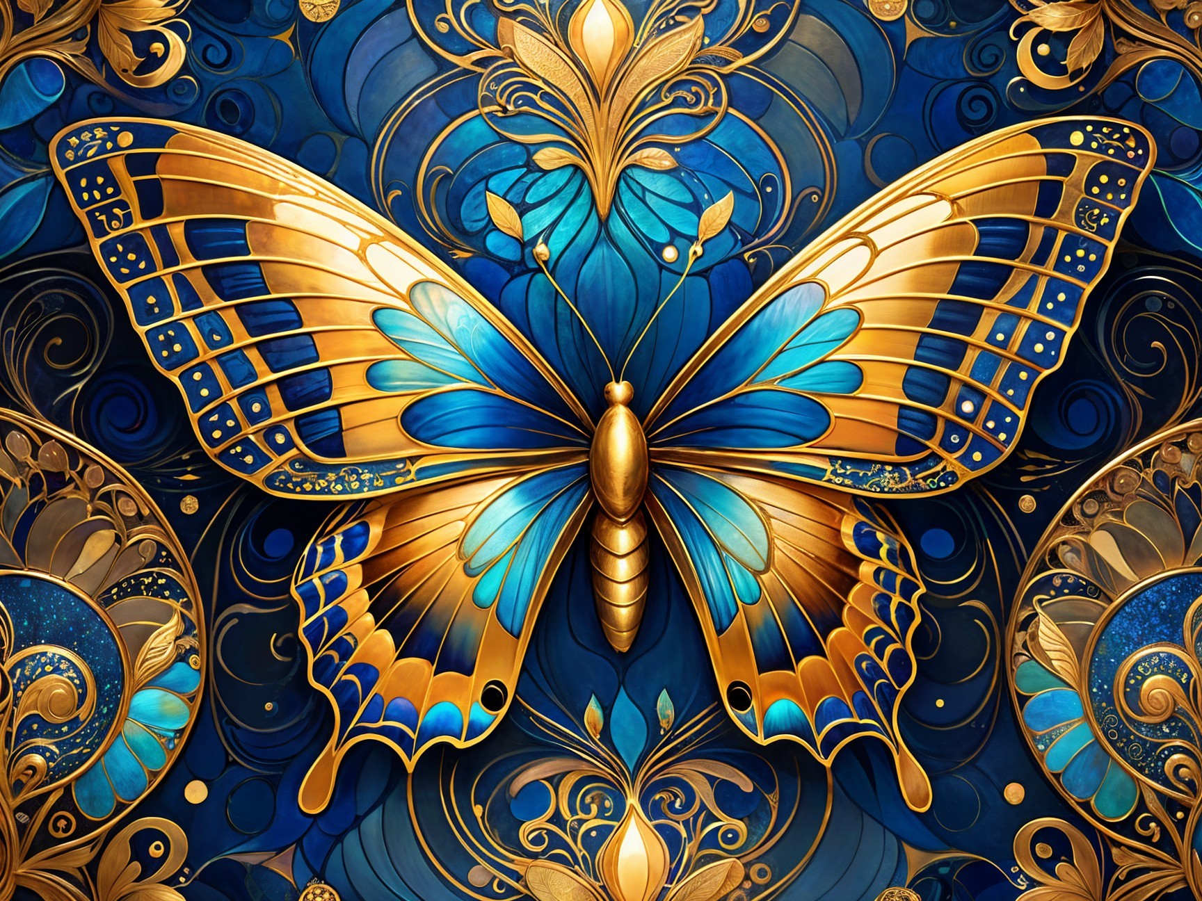 Intricate Butterfly with Golden Wings on Blue Background