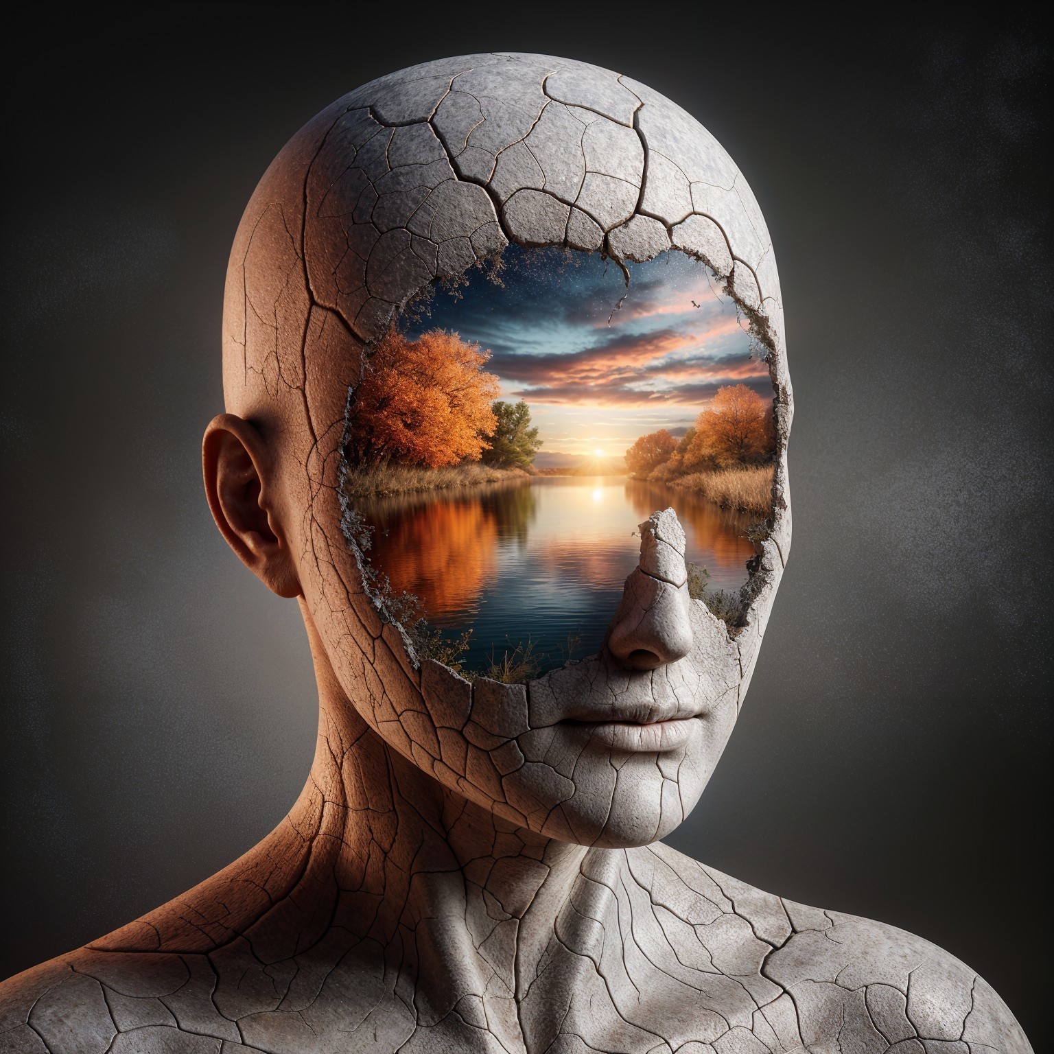 Cracked Humanoid Figure with Vibrant Landscape Inside