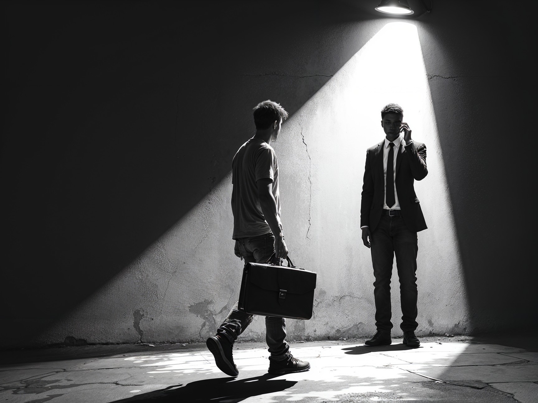 Dramatic Black-and-White Scene of Two Contrasting Figures