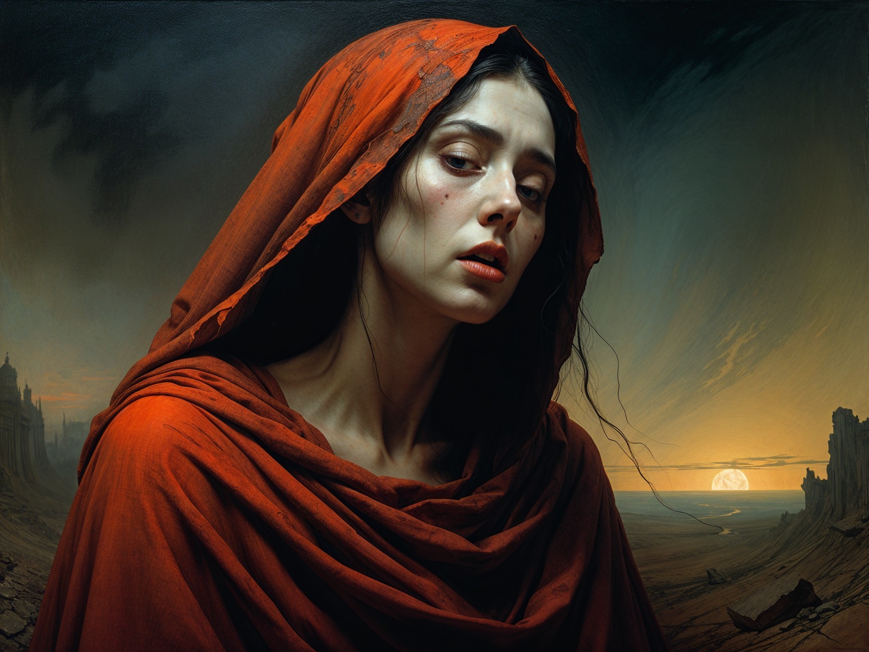 Young Woman in Red Hood Against Dramatic Landscape
