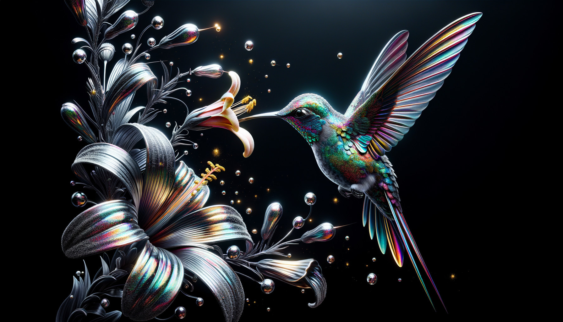 Metallic Hummingbird Beside Lustrous Flower Design
