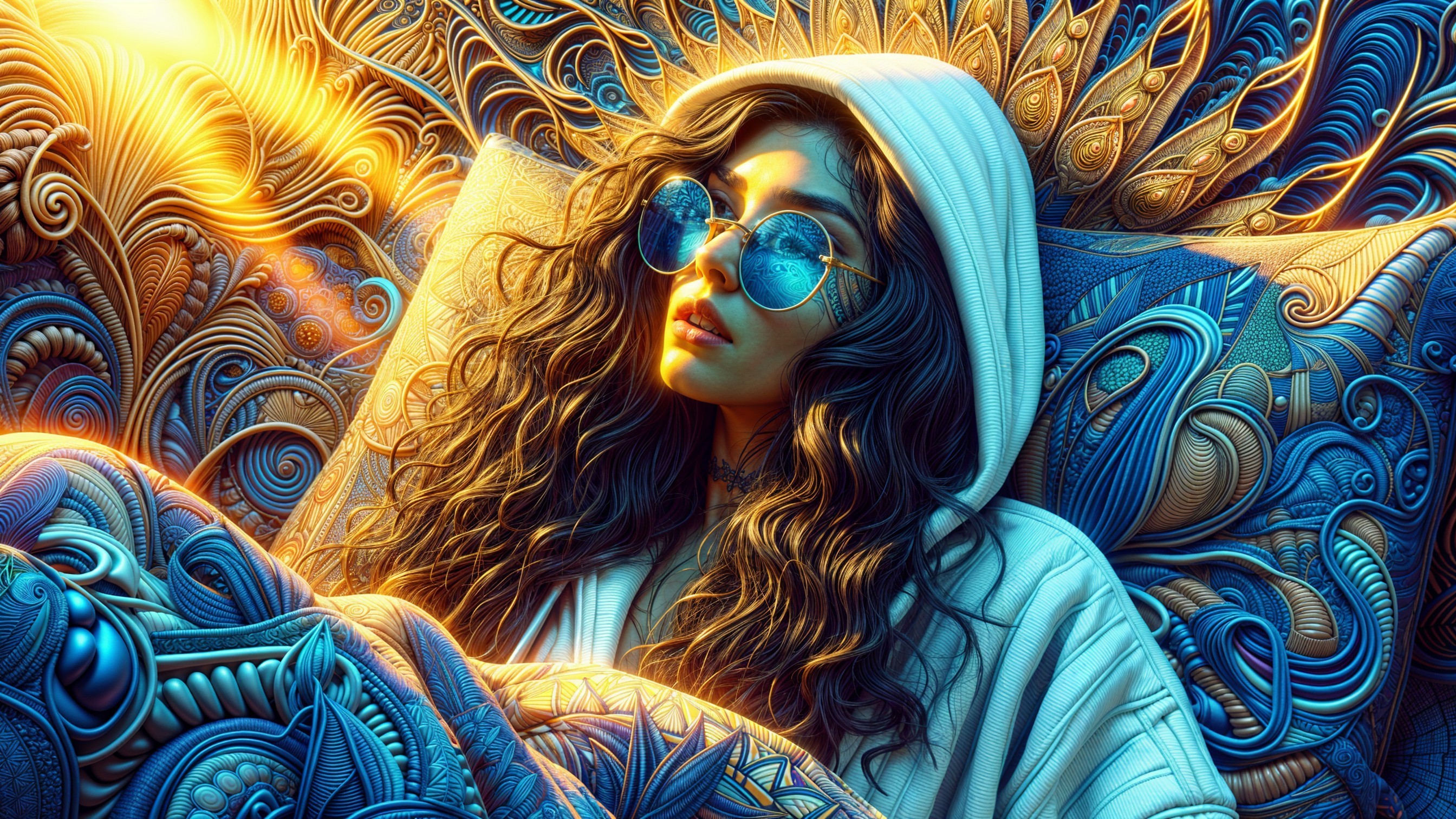 Woman in Hoodie Against Colorful Textured Backdrop