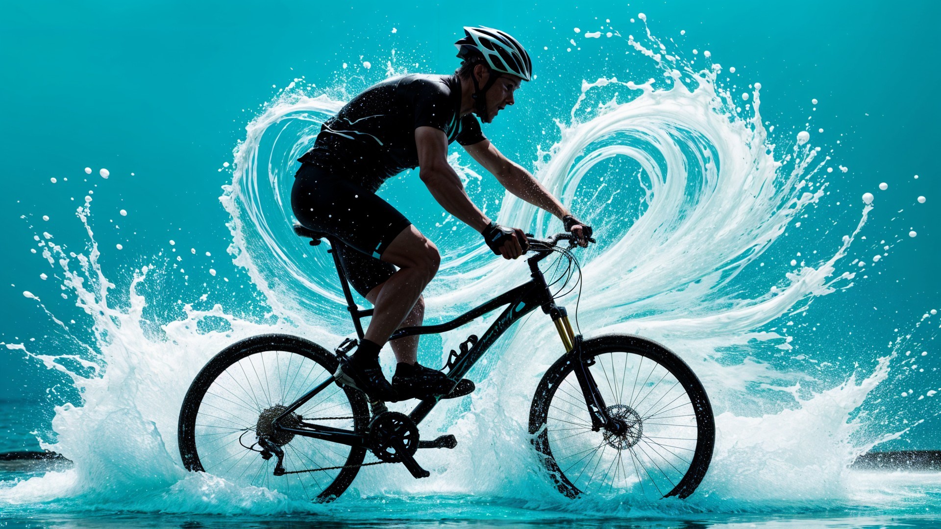 Cyclist Riding Through Water with Turquoise Background