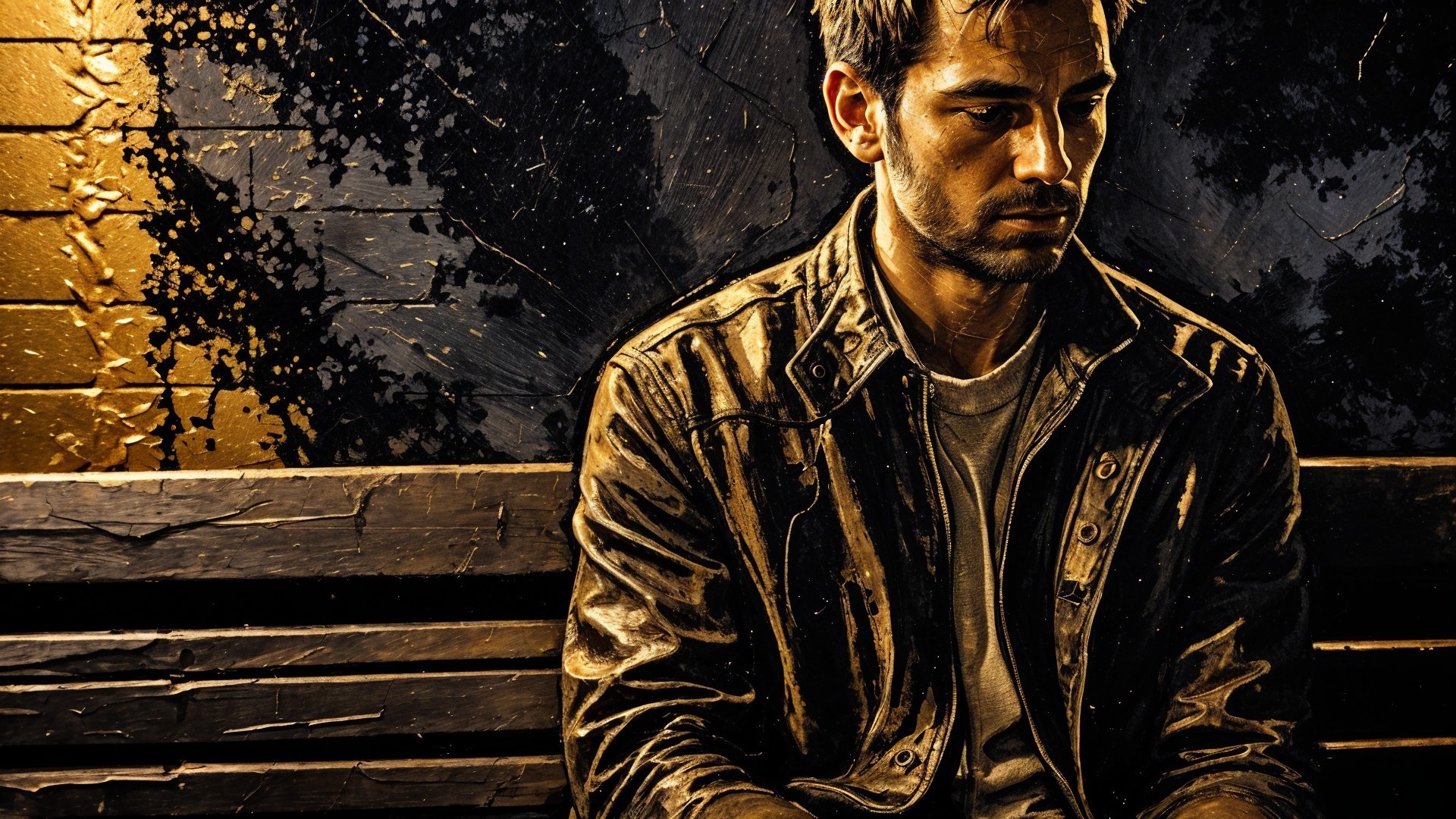 Young man in denim jacket on wooden bench in shadows