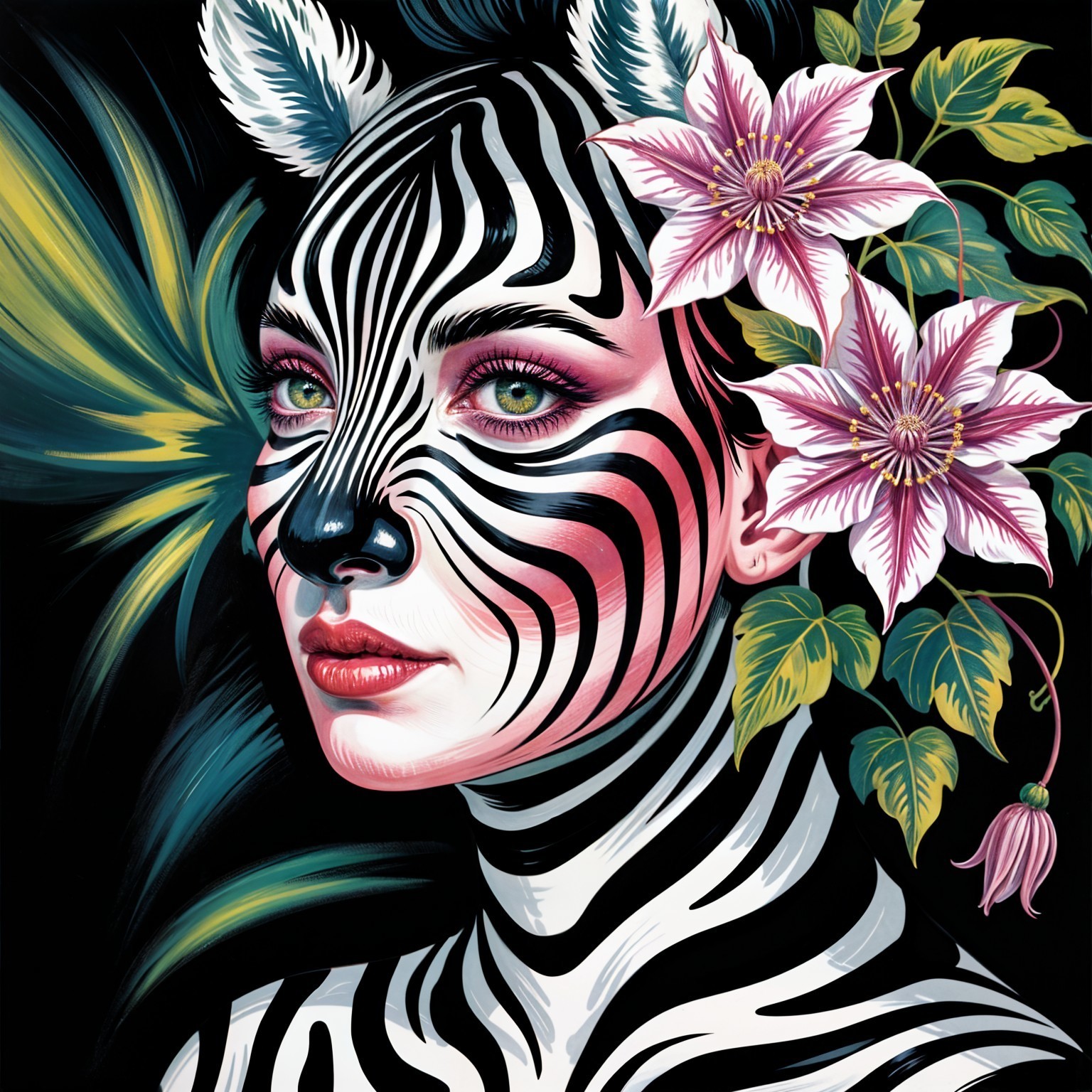 Portrait of a woman with zebra stripes and floral accents