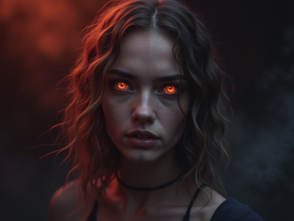 Close-up Portrait of a Young Woman with Orange Eyes