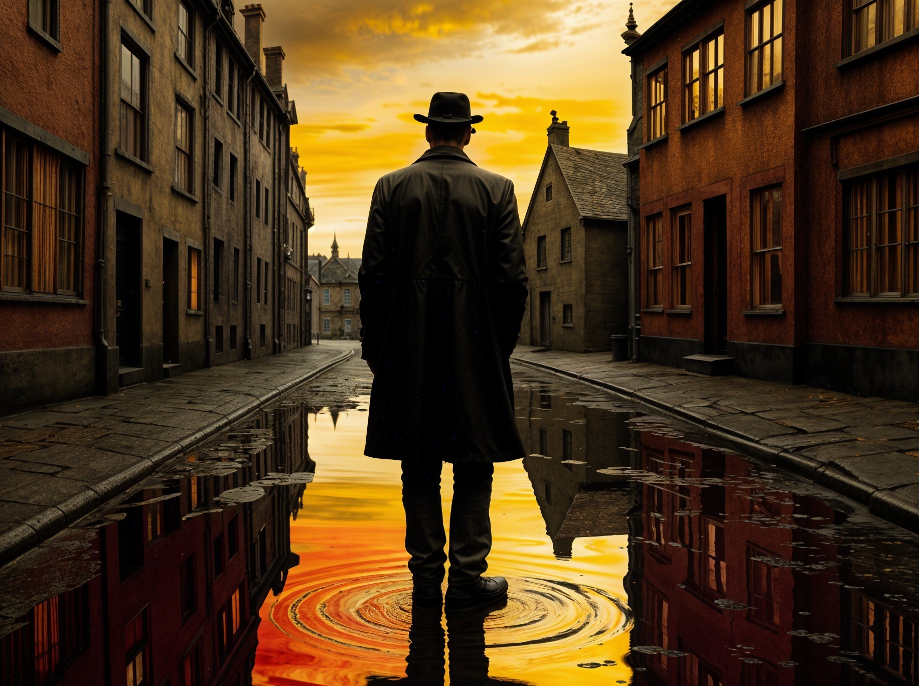 Lone Figure on Cobblestone Street at Sunset