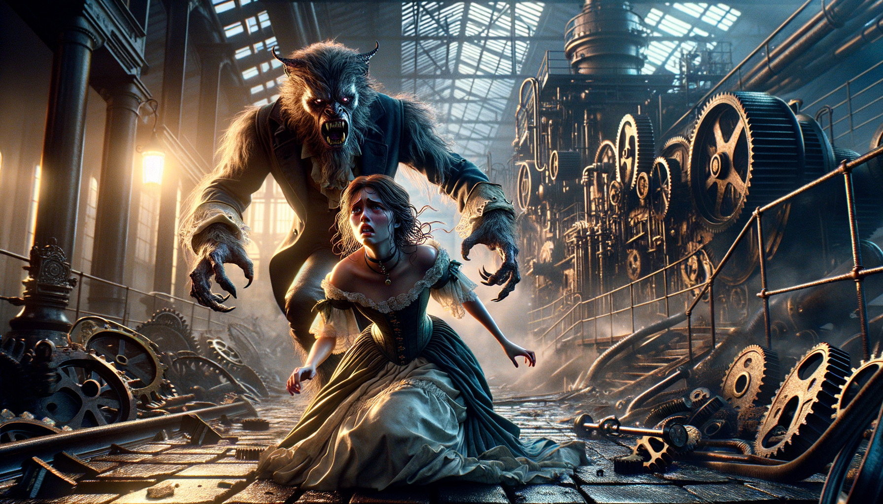 Distressed Woman Crouched Before Menacing Werewolf