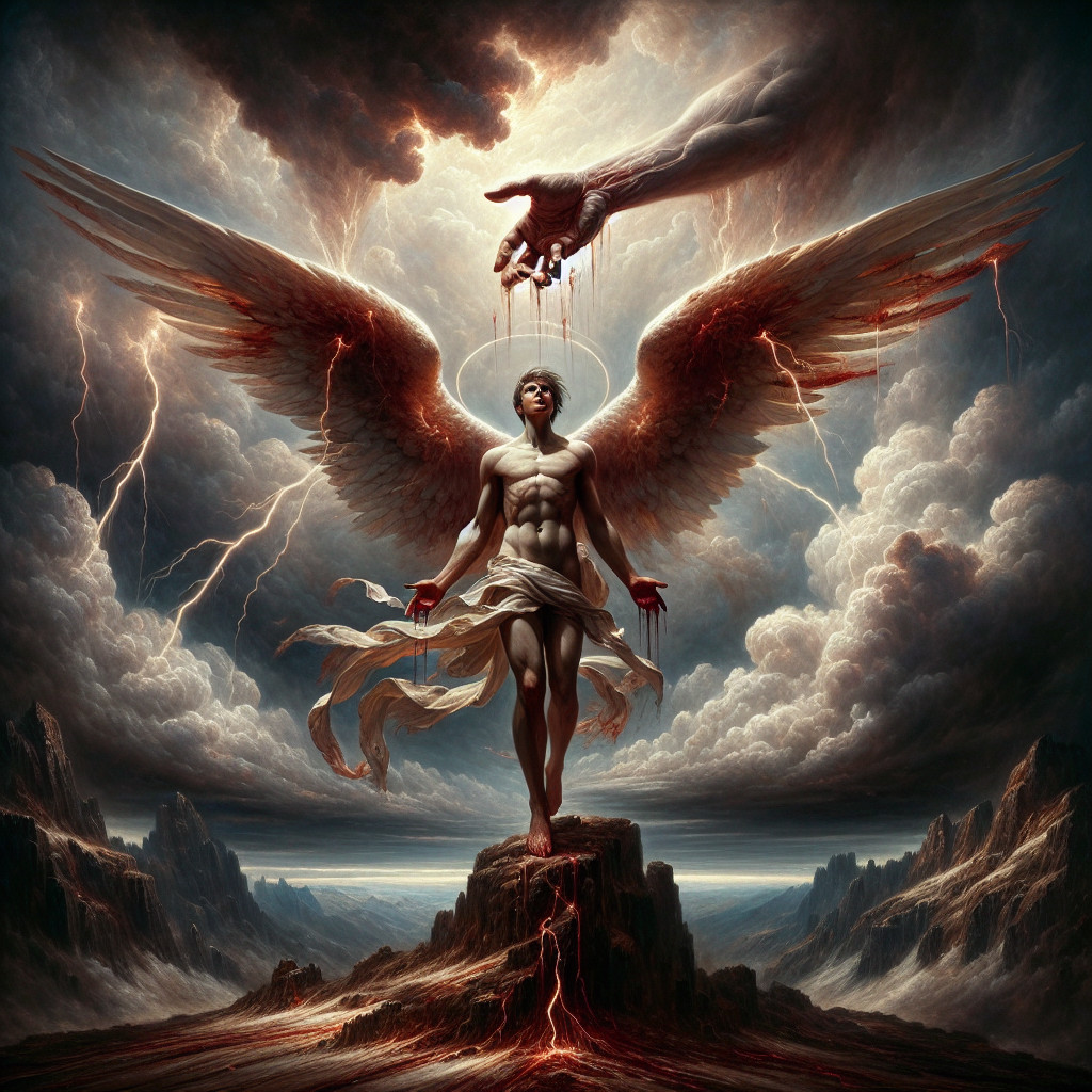 Majestic Winged Figure in Dramatic Landscape Scene