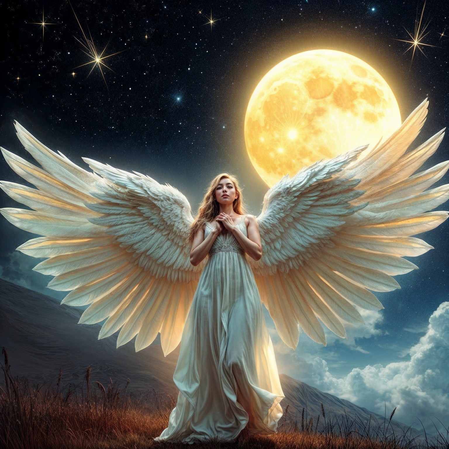 Angelic Figure Beneath a Luminous Full Moon