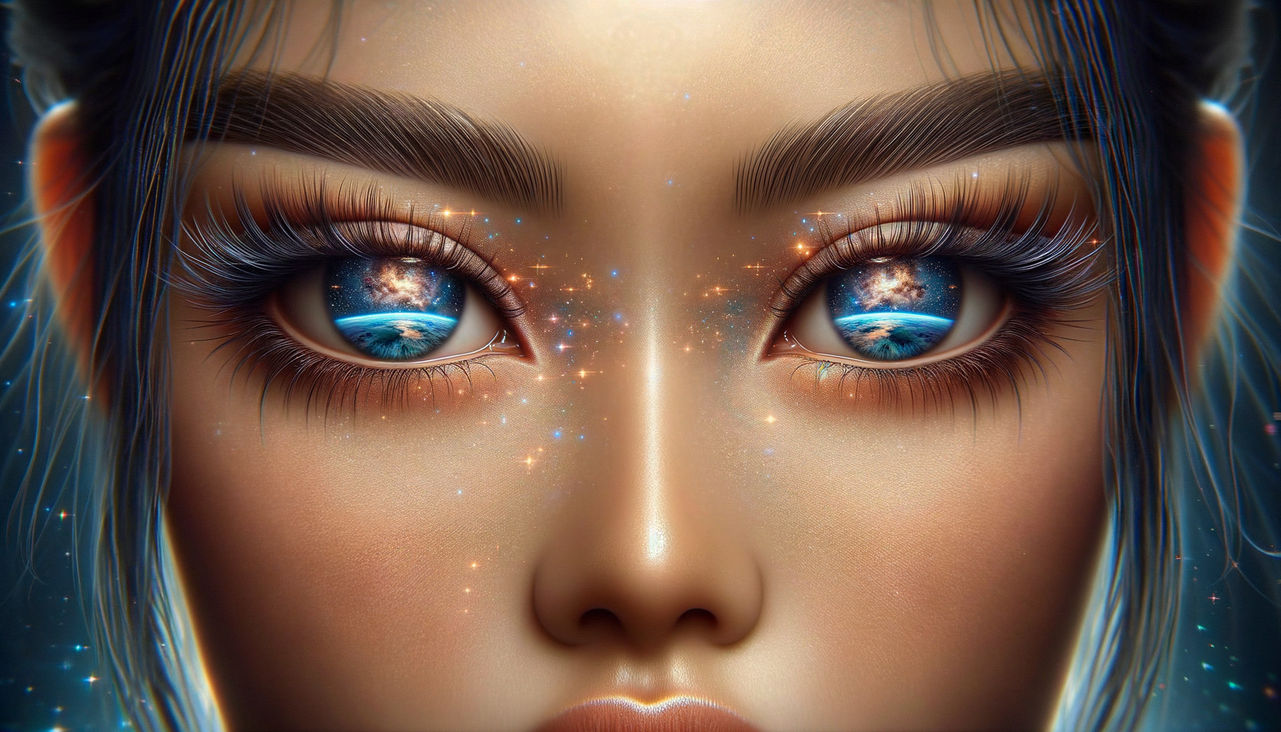 Close-Up of Woman's Face with Cosmic Eye Reflections