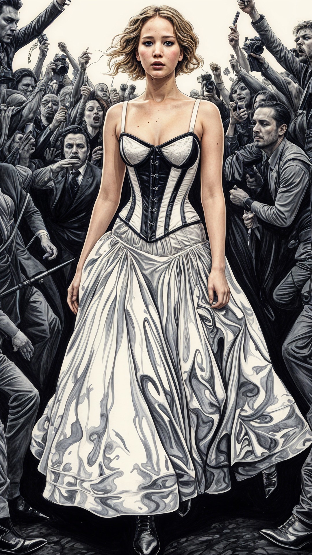 Elegant figure in white dress amid chaotic crowd