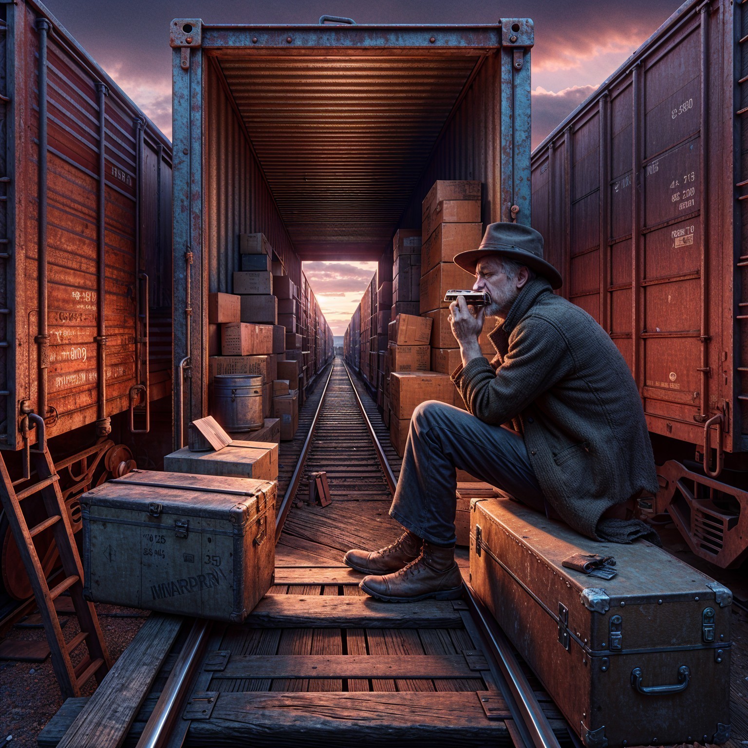 Lone Figure Playing Harmonica at Sunset by Trains