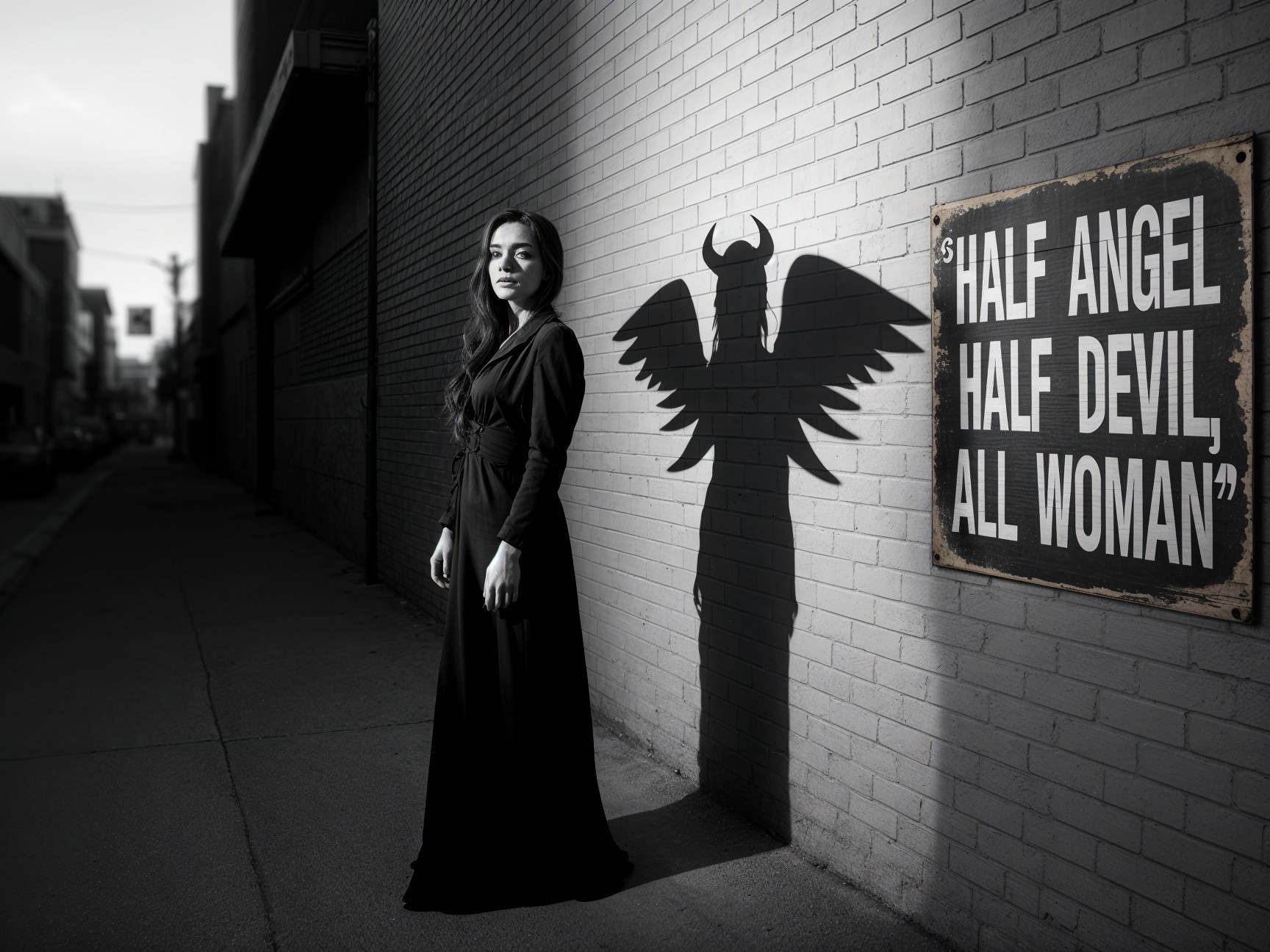 Woman in Black Dress with Winged Shadow in Alley