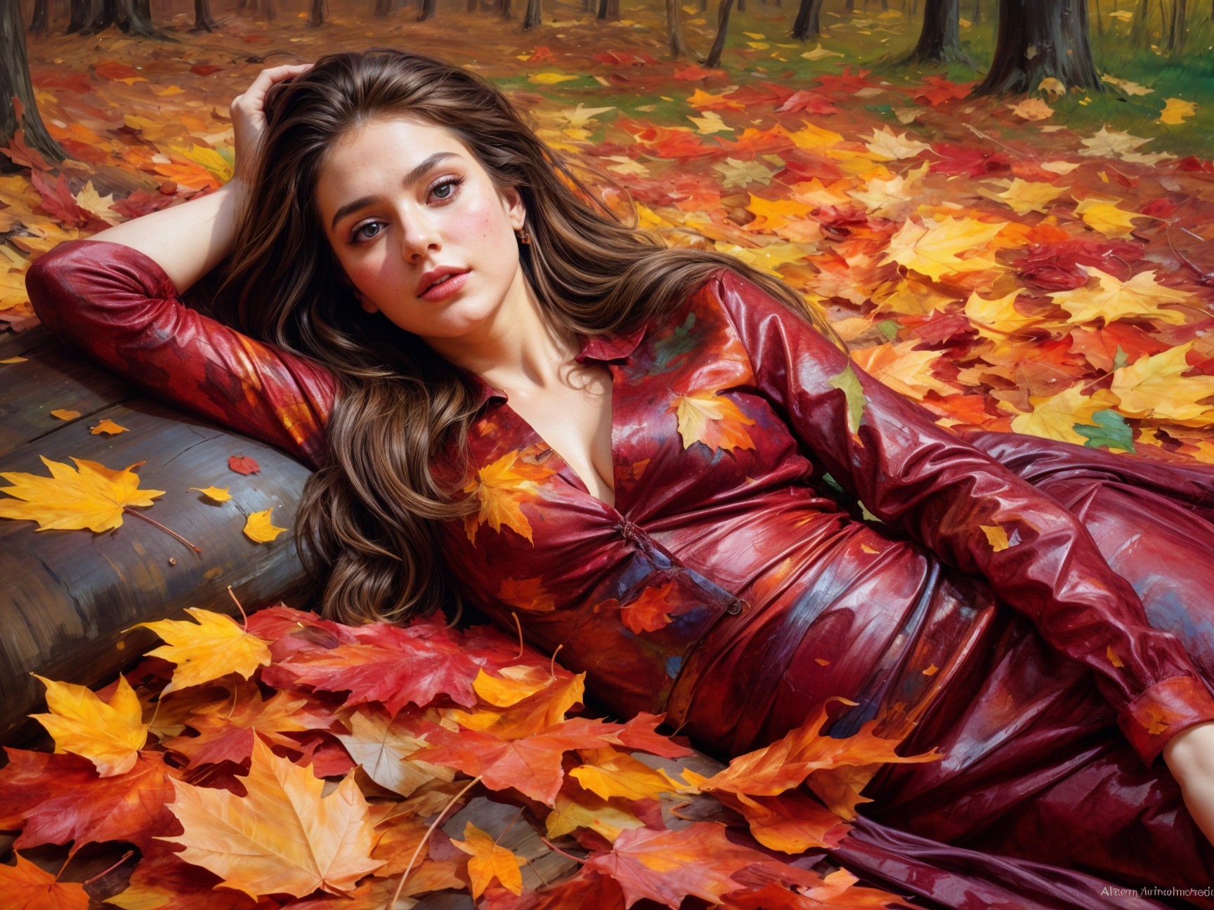 Young Woman in Red Dress Amidst Autumn Leaves