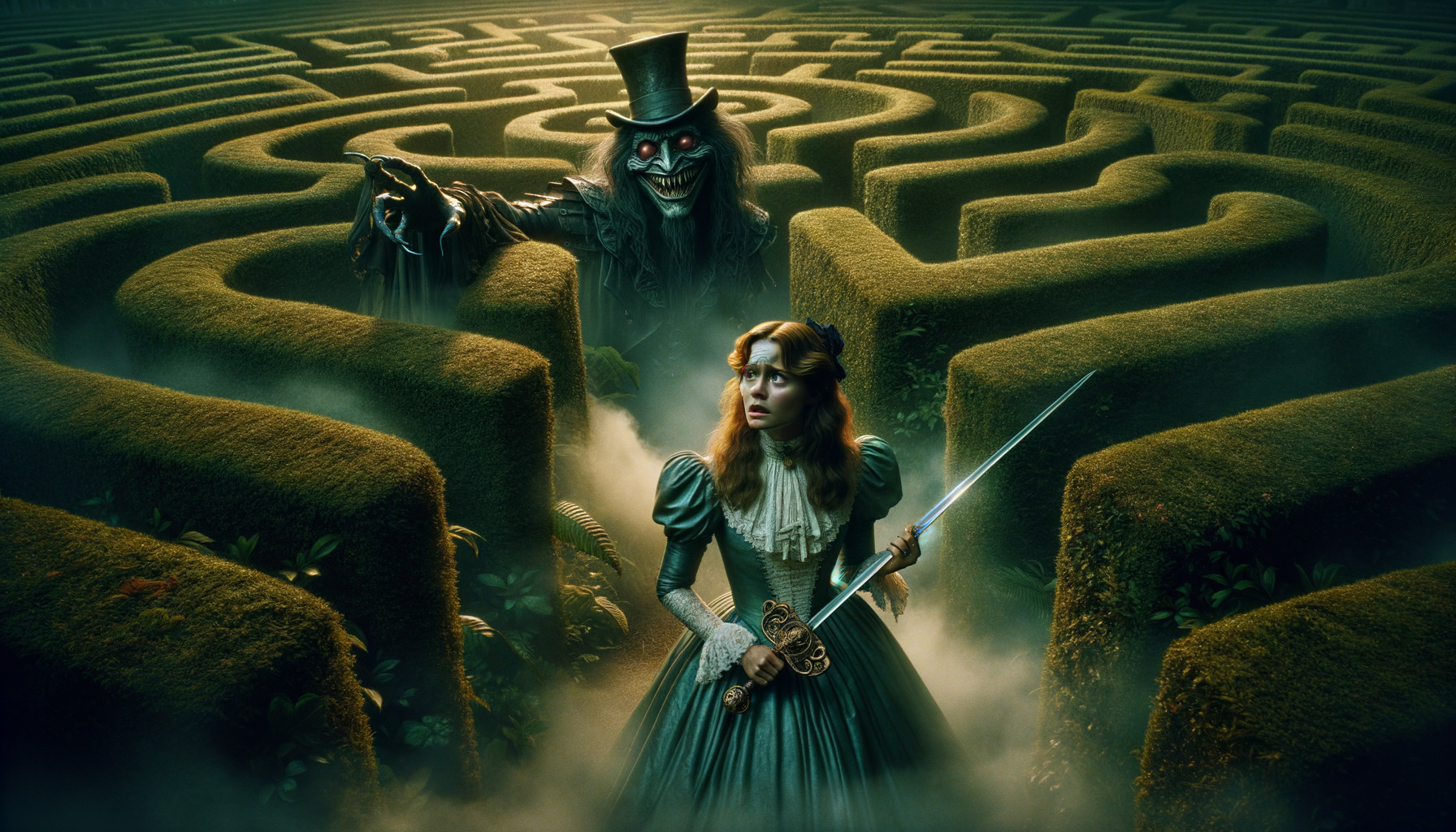 Victorian Woman with Sword in Foggy Maze Setting