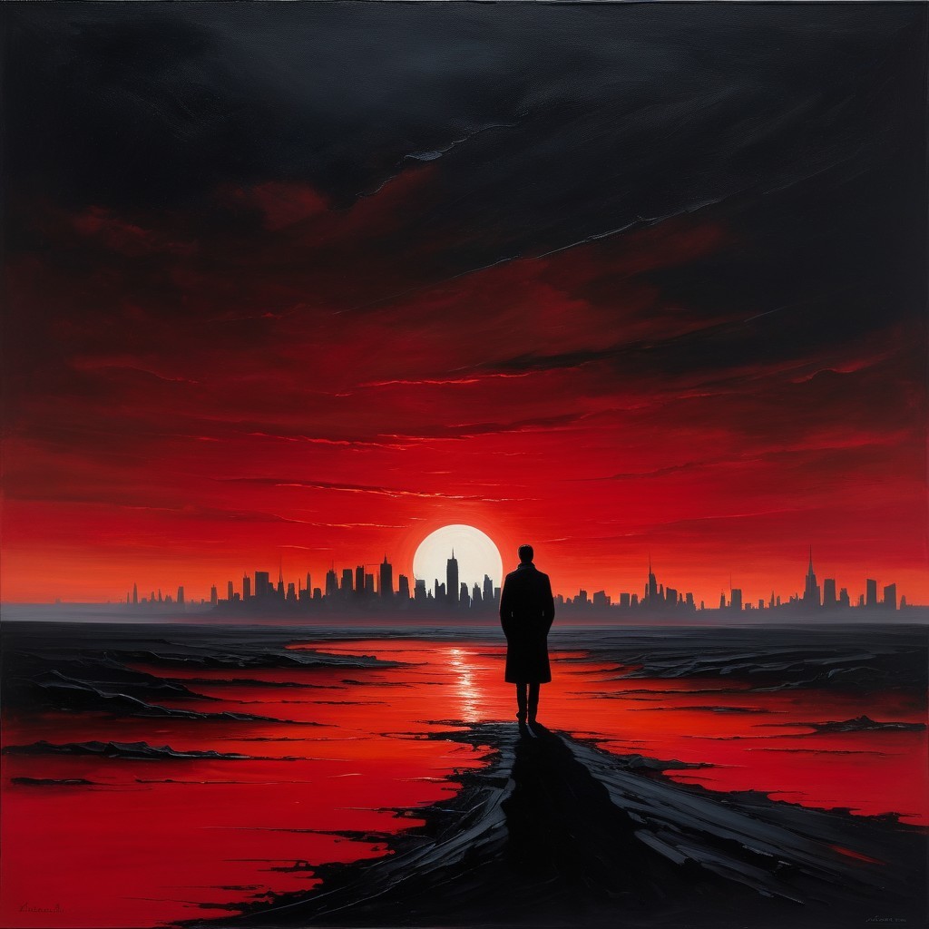 Silhouetted Figure on Shoreline at Sunset with Skyline