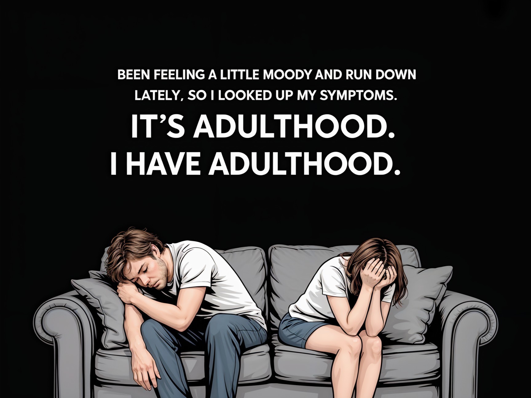 Cartoon Illustration of Exhausted Young Adults on Couch
