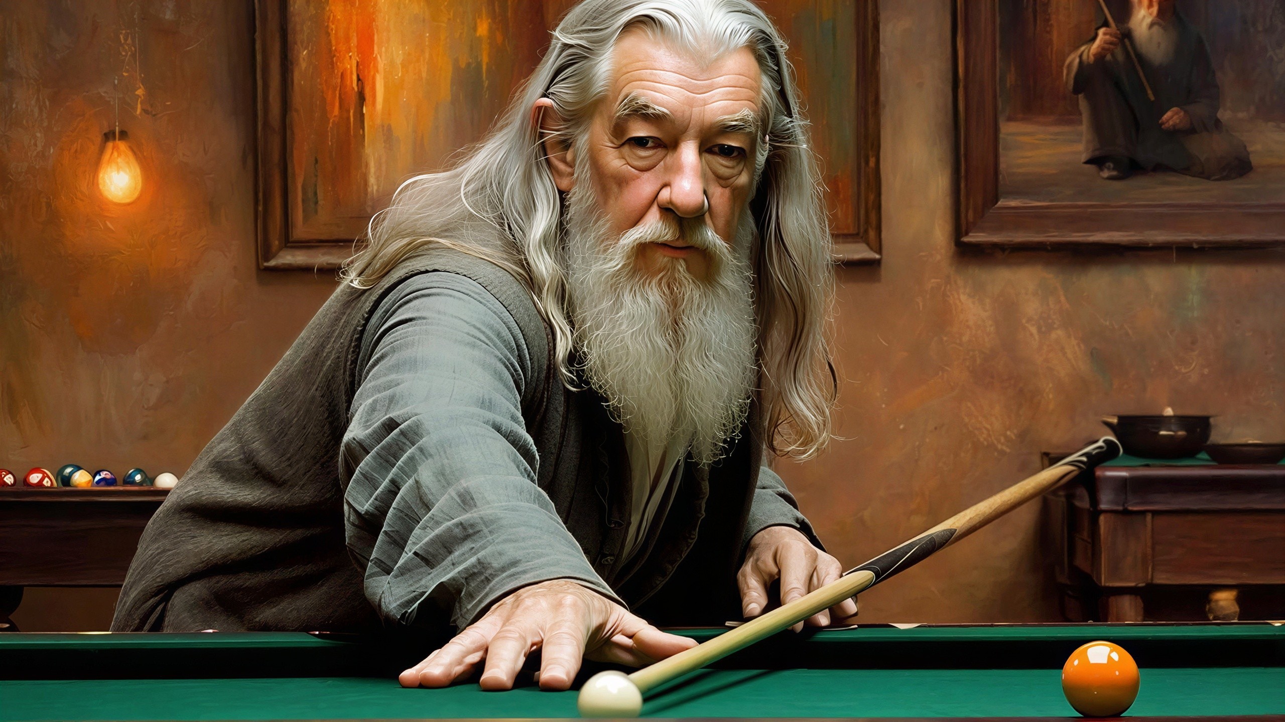 Gandalf Playing Billiards in a Dimly Lit Room