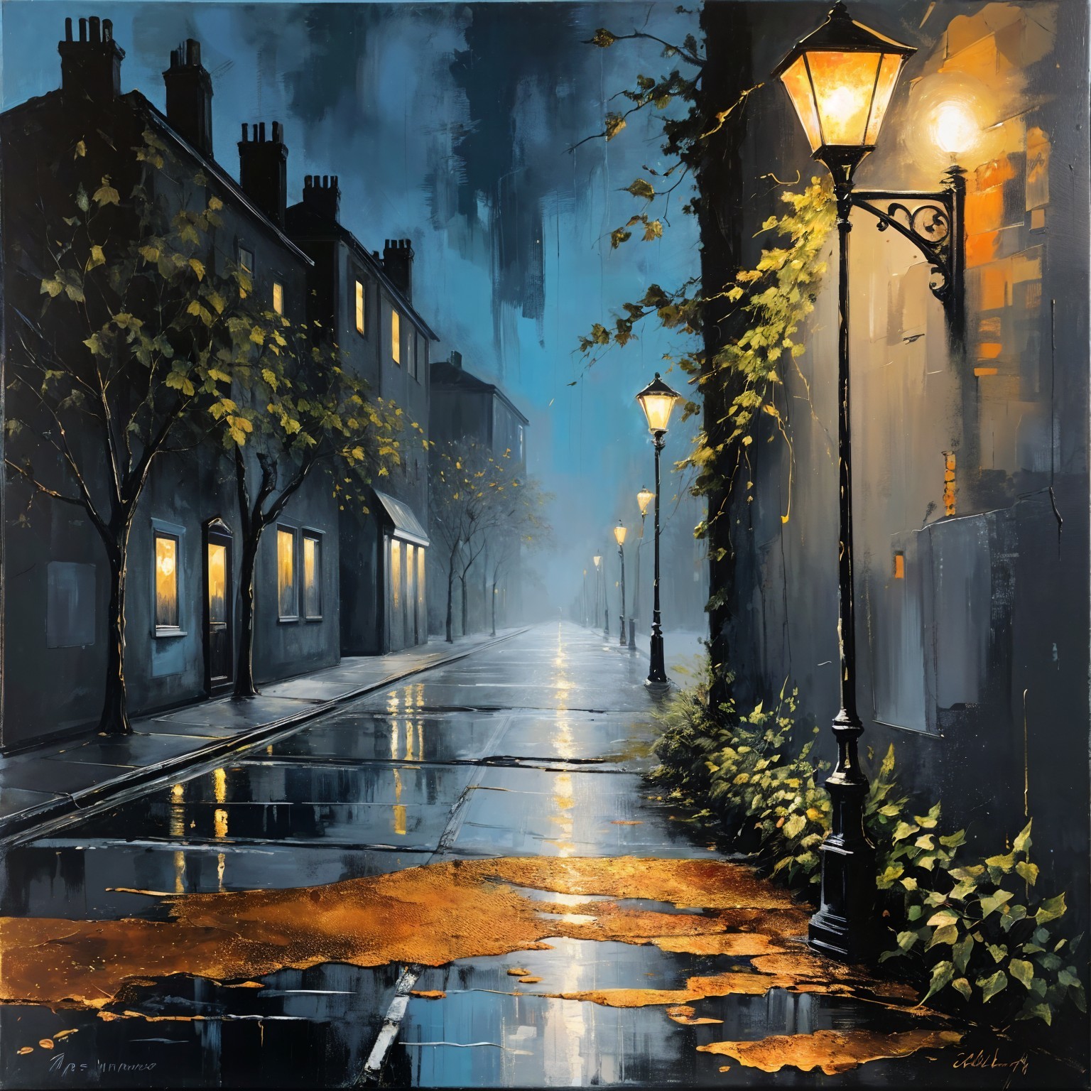 Misty Street Scene with Vintage Lamps and Greenery