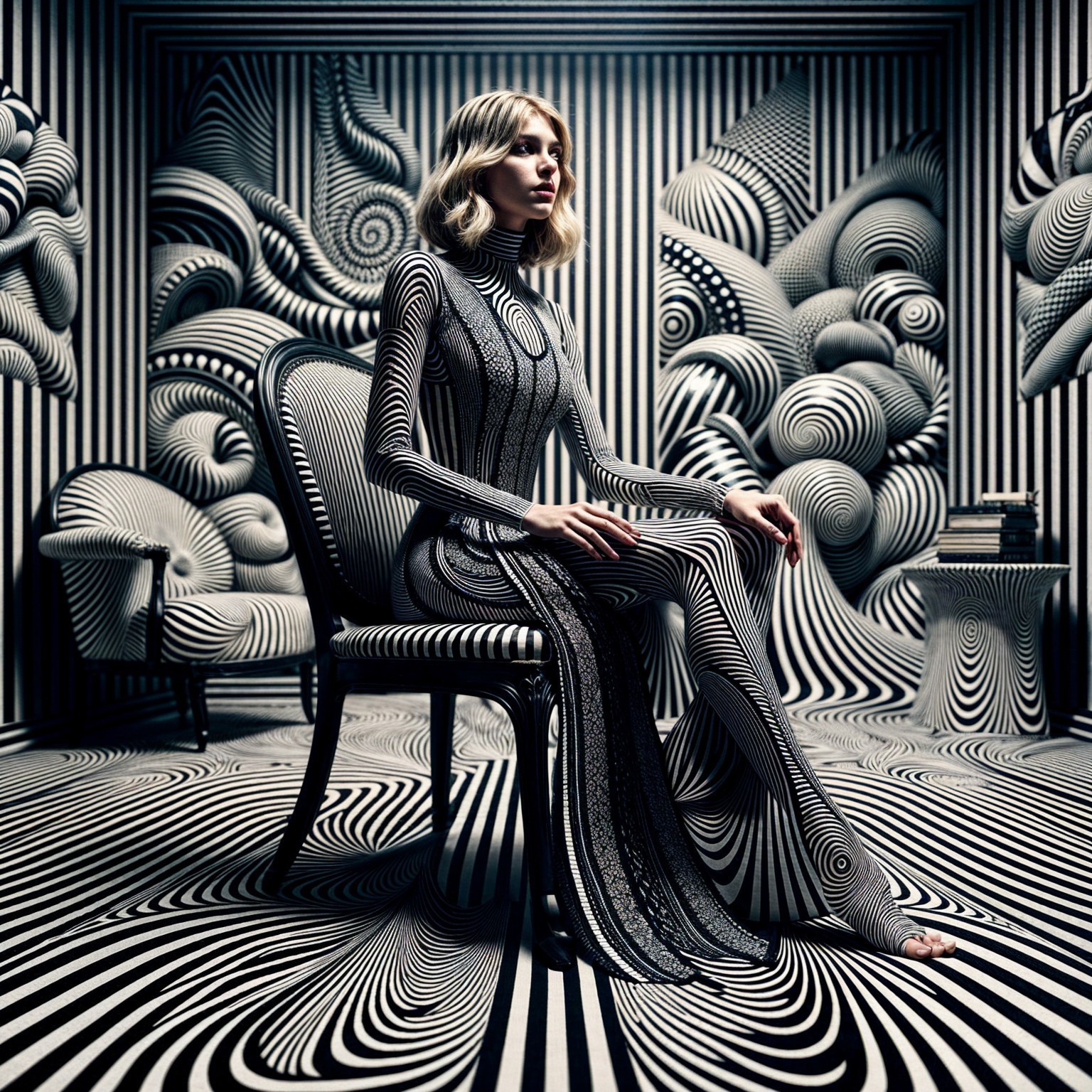 Elegant Woman in Black and White Gown in Surreal Setting