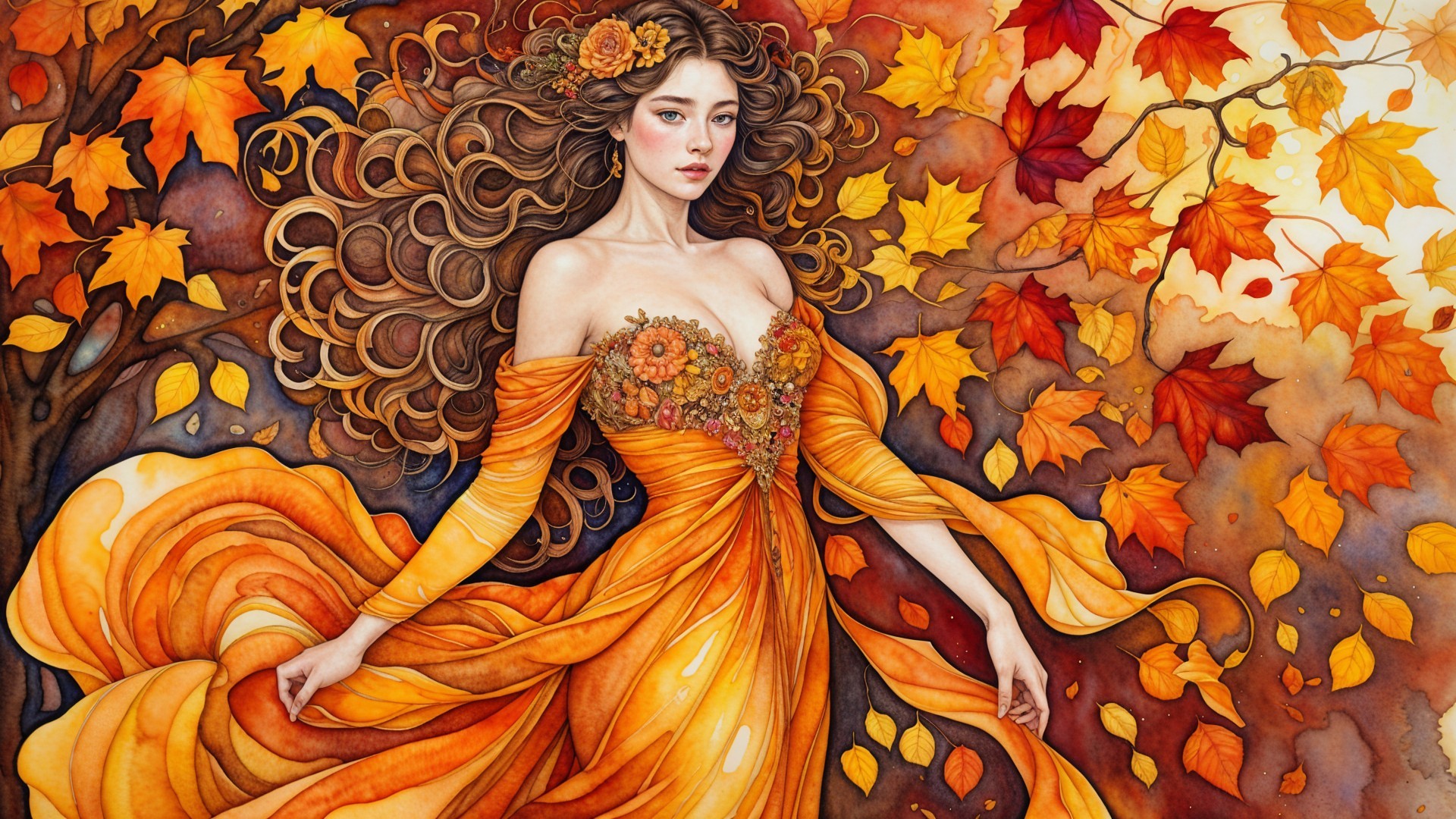 Graceful Figure in Vibrant Autumn Landscape