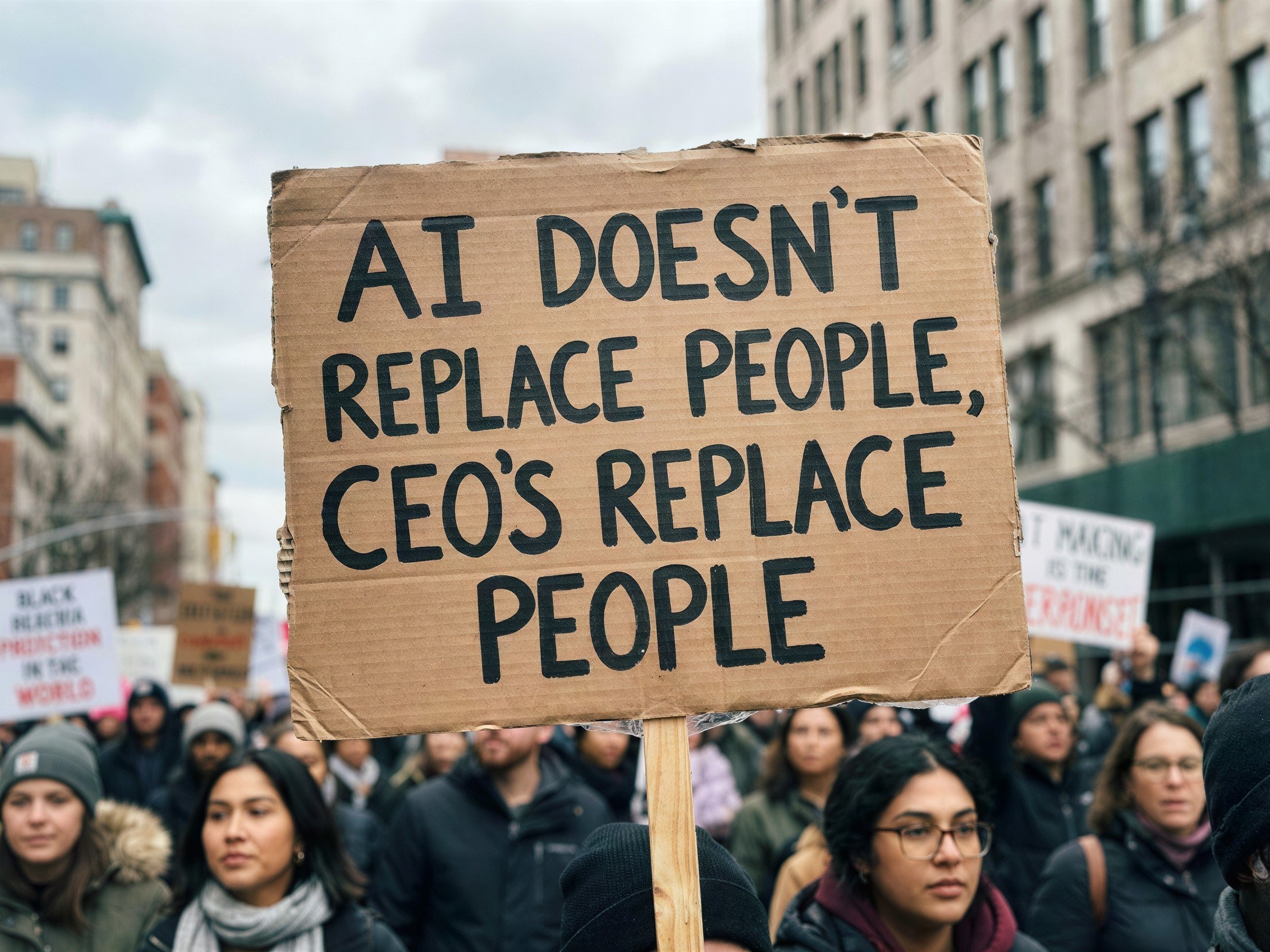 Protest Sign on City Street Highlighting AI Concerns