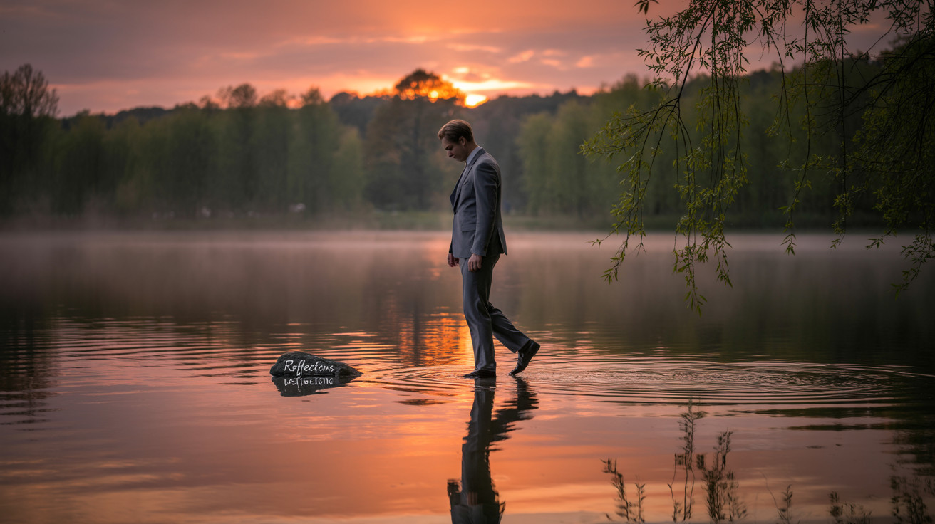 Man in Grey Suit Walking on Tranquil Lake at Sunset