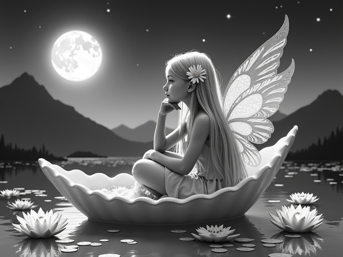Young girl with butterfly wings in a seashell boat