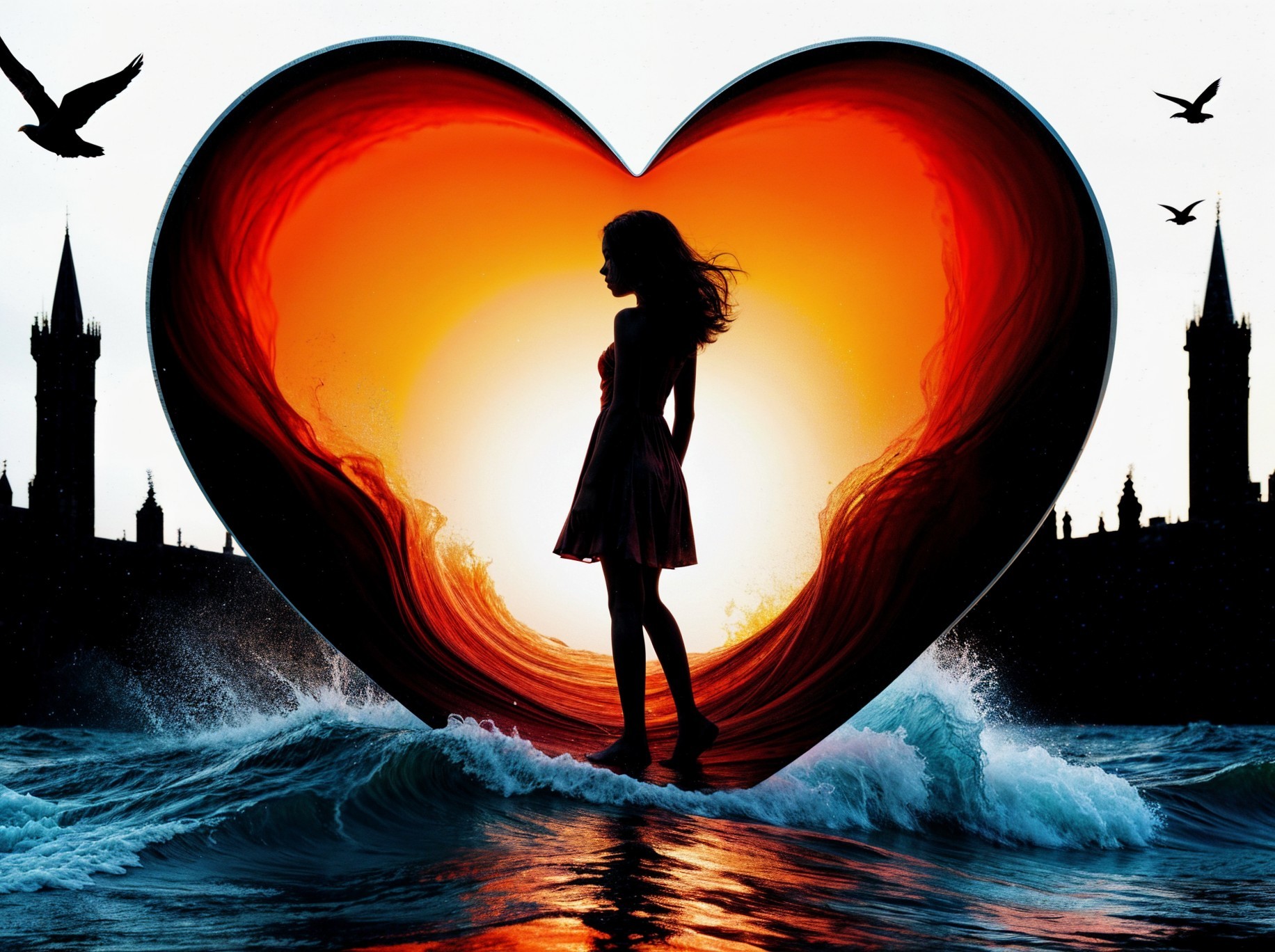 Silhouette of a Woman on Waves with Sunset Background