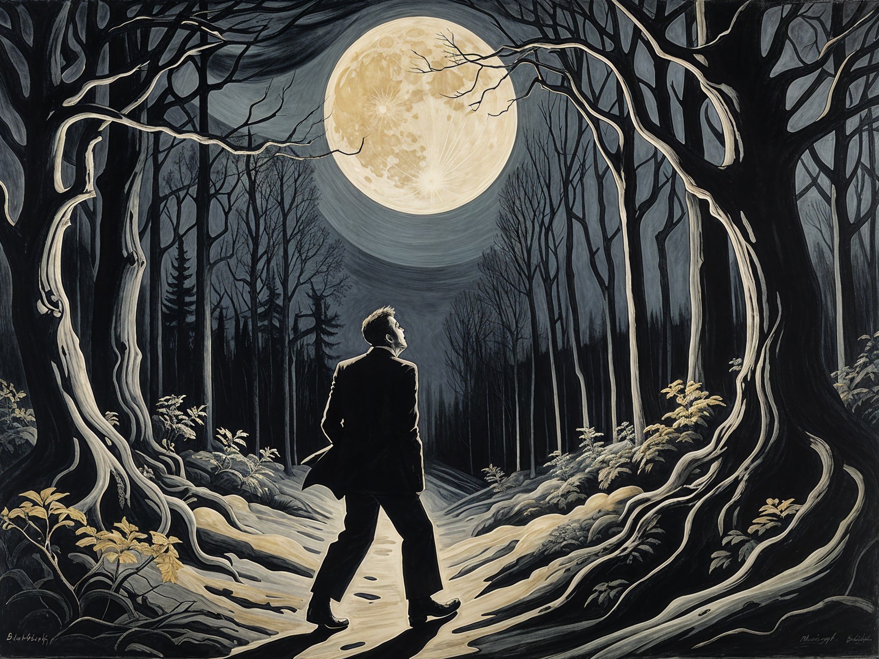 Solitary Figure in Suit on Moonlit Forest Path