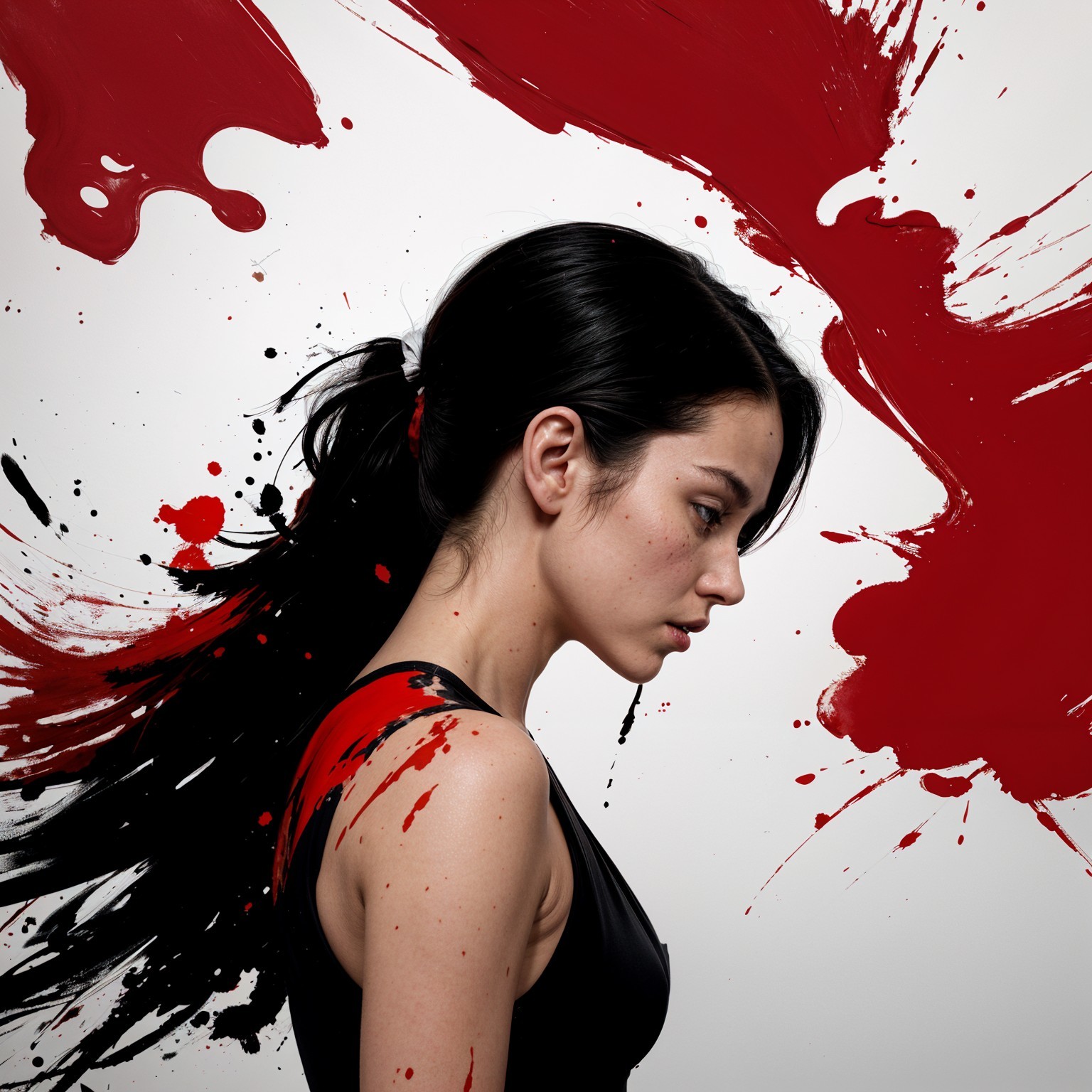 Profile of Woman with Black Hair and Red Paint Splatters