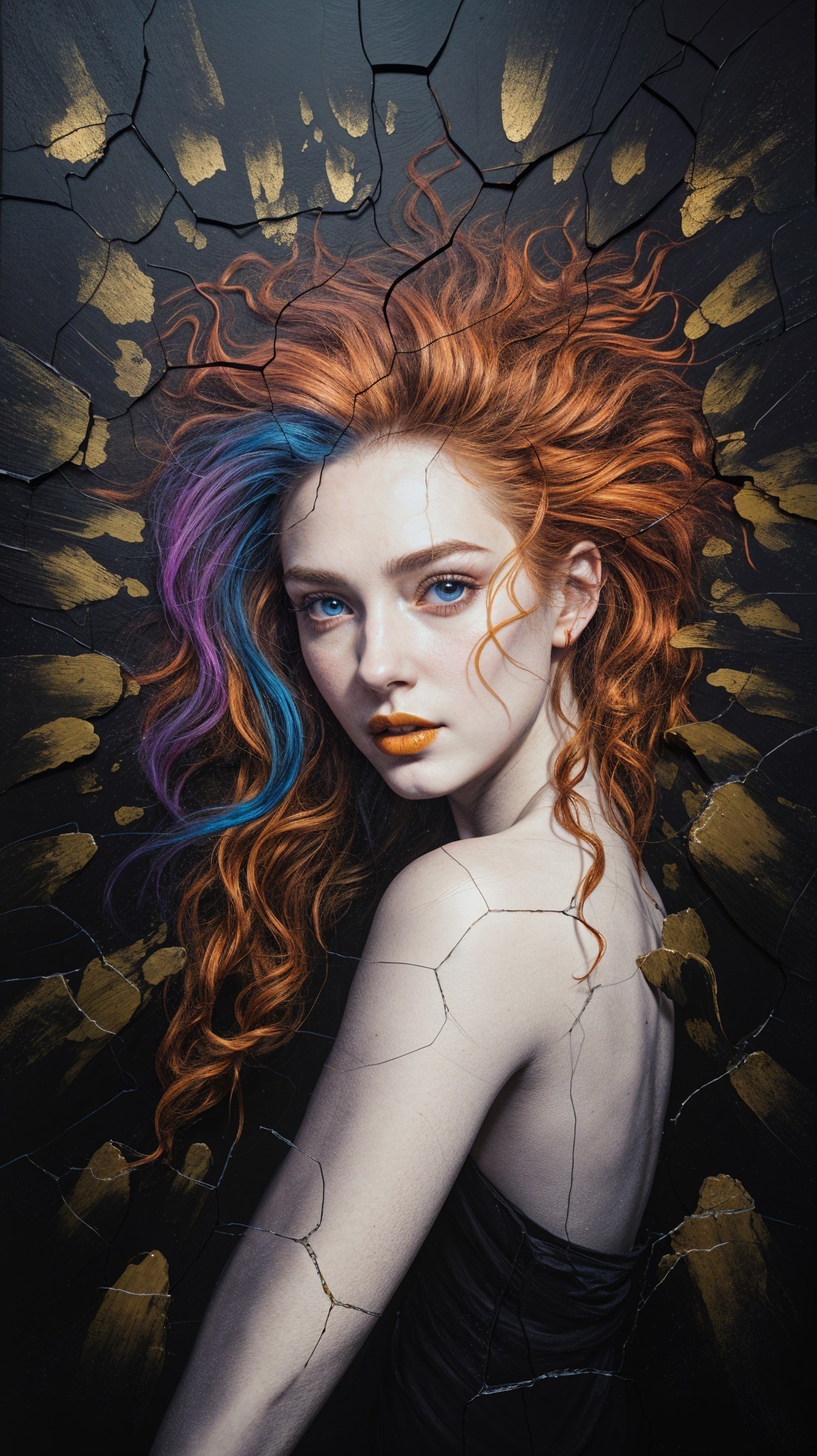 Portrait of a woman with red hair and bold makeup