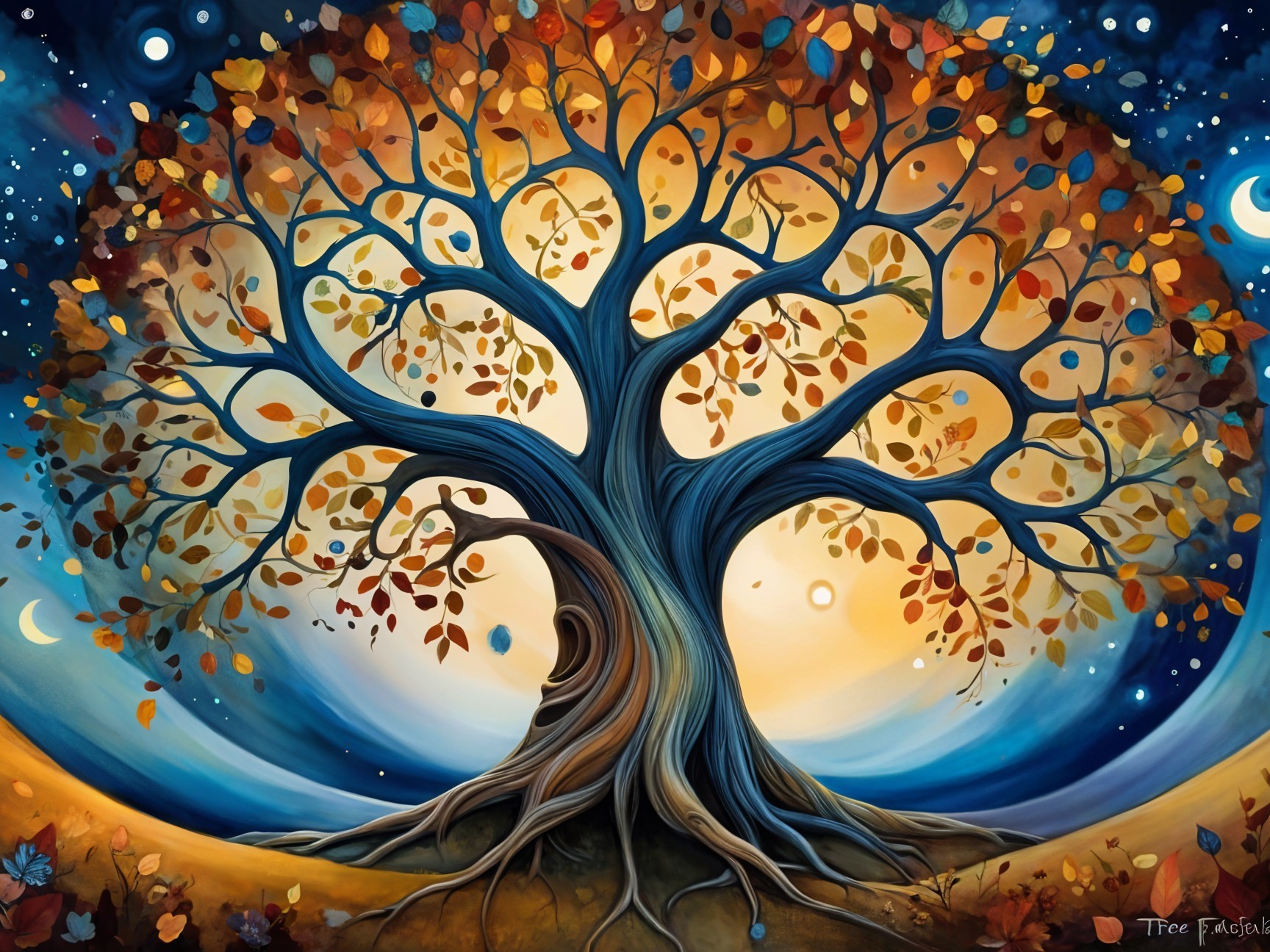 Whimsical Tree with Golden Leaves in Twilight Sky