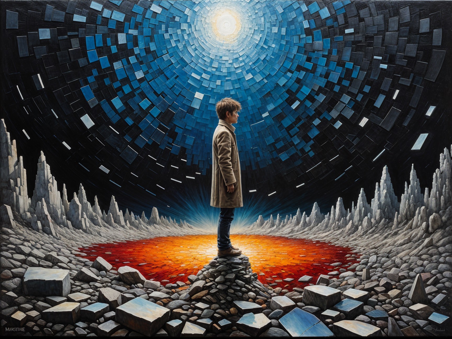 Young boy on rocky outcrop under vibrant vortex sky