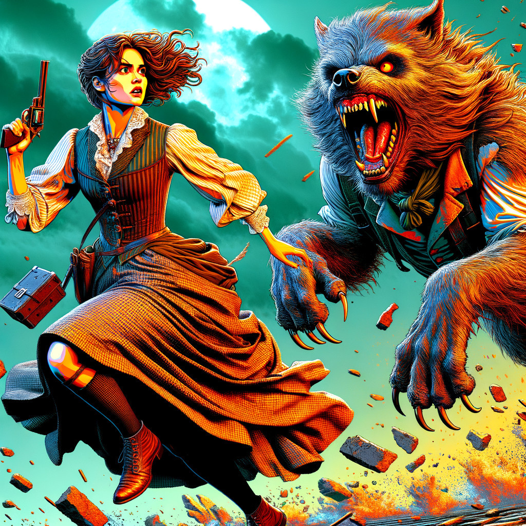 Vintage Attire Woman Confronts Snarling Werewolf