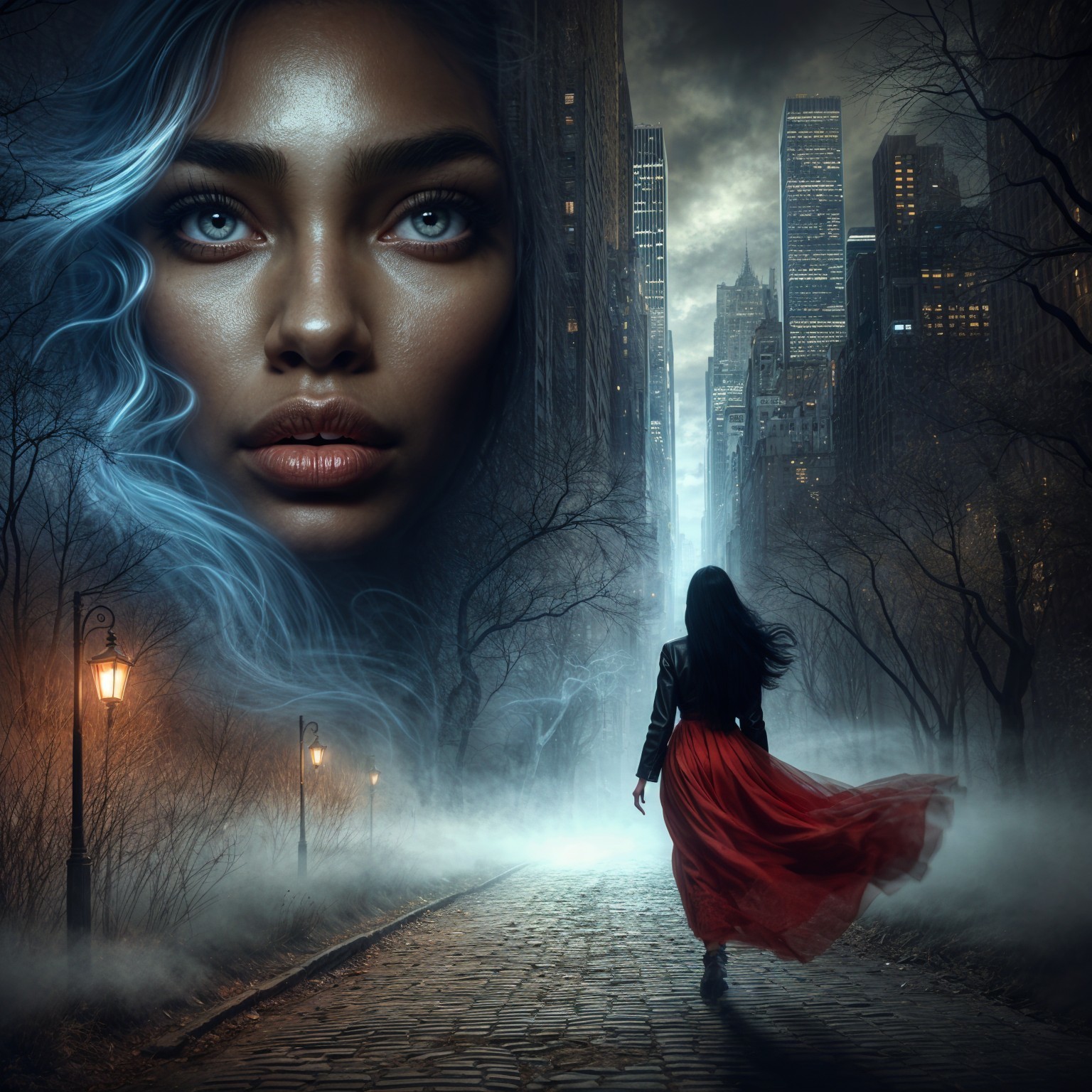 Misty Urban Landscape with Woman in Red Dress