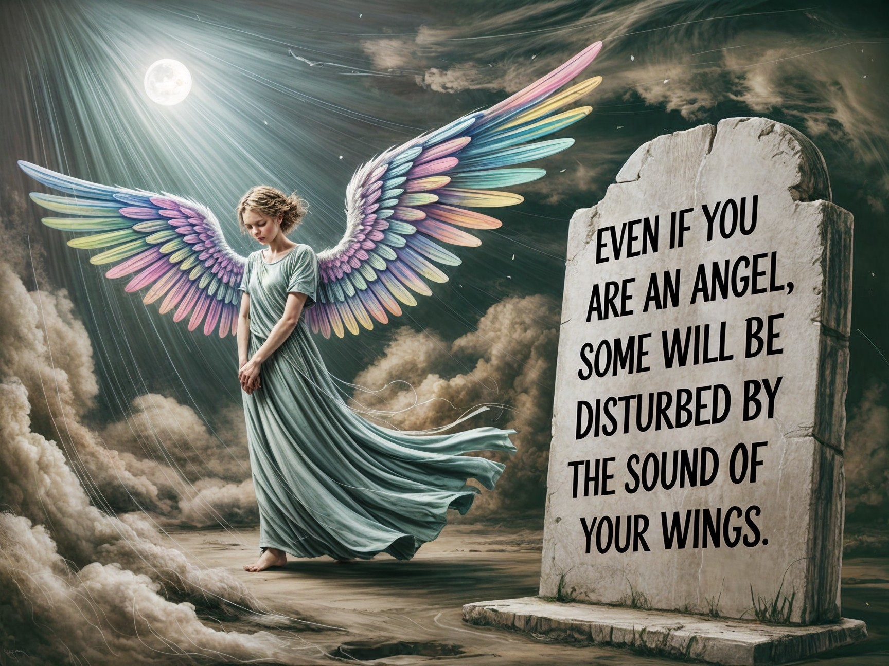 Serene angel in mystical landscape under glowing moon