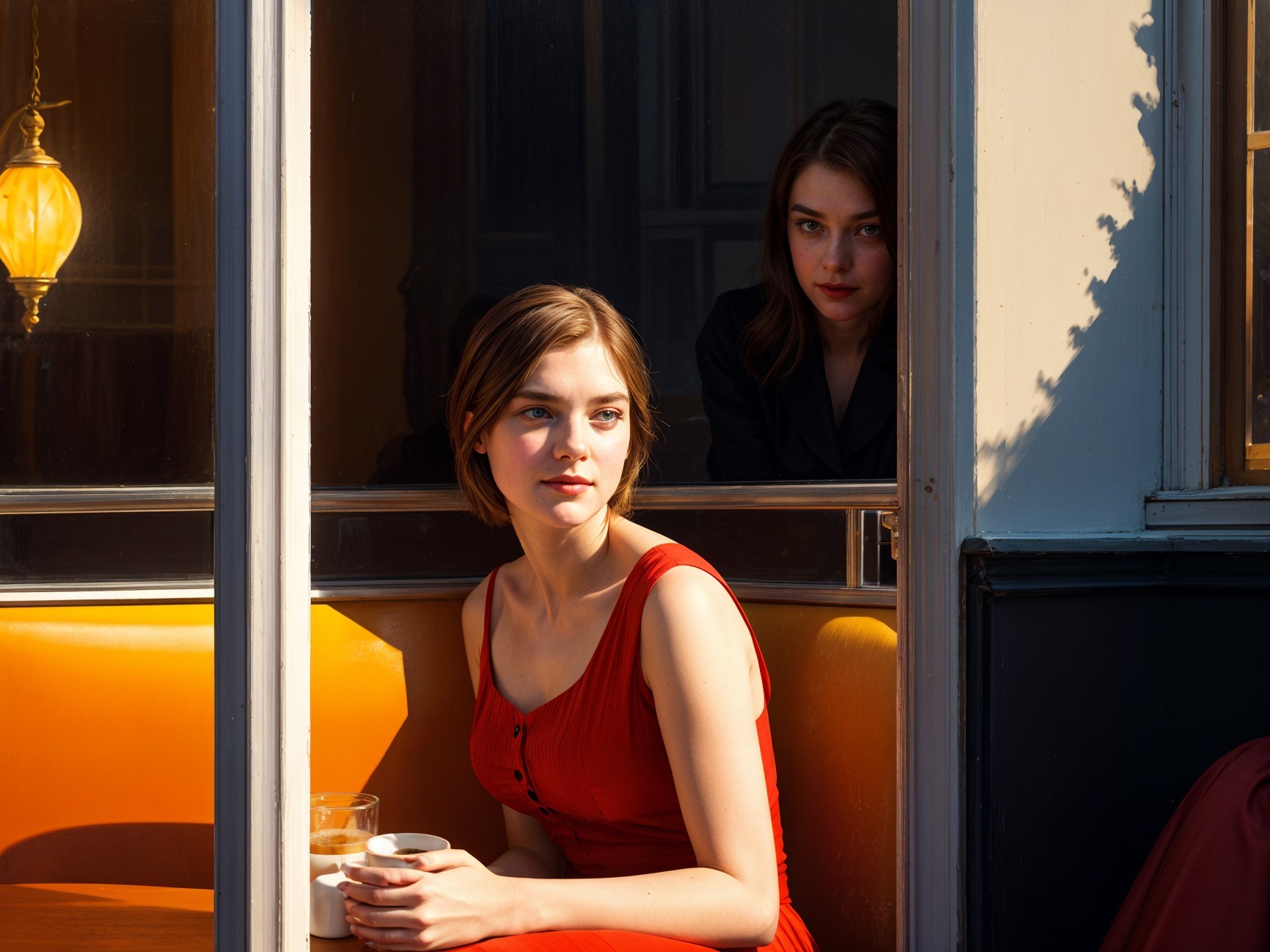 Young Women in Cozy Café with Warm Lighting