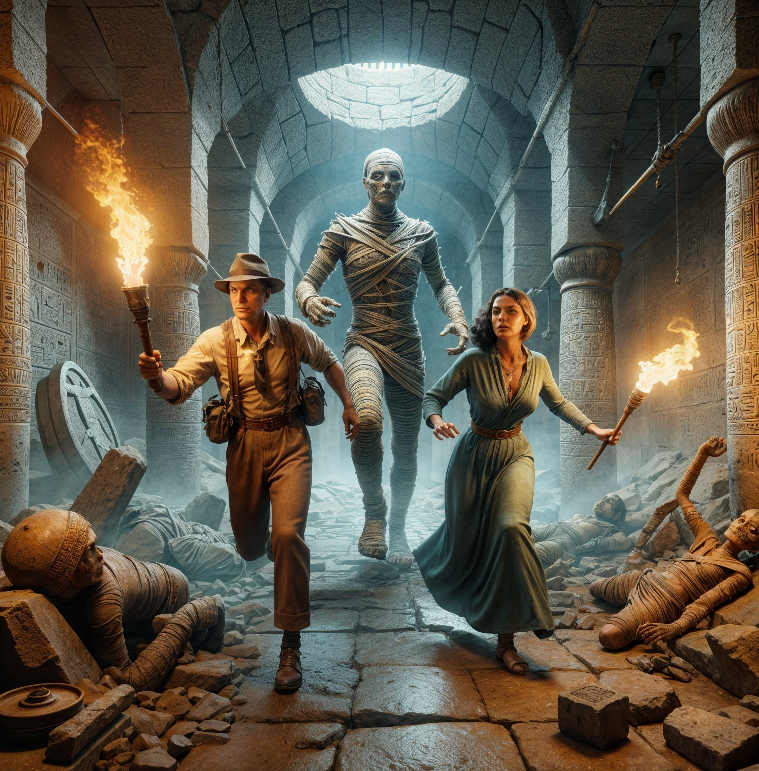 Archaeologist and Adventurer Escape Mummified Figure