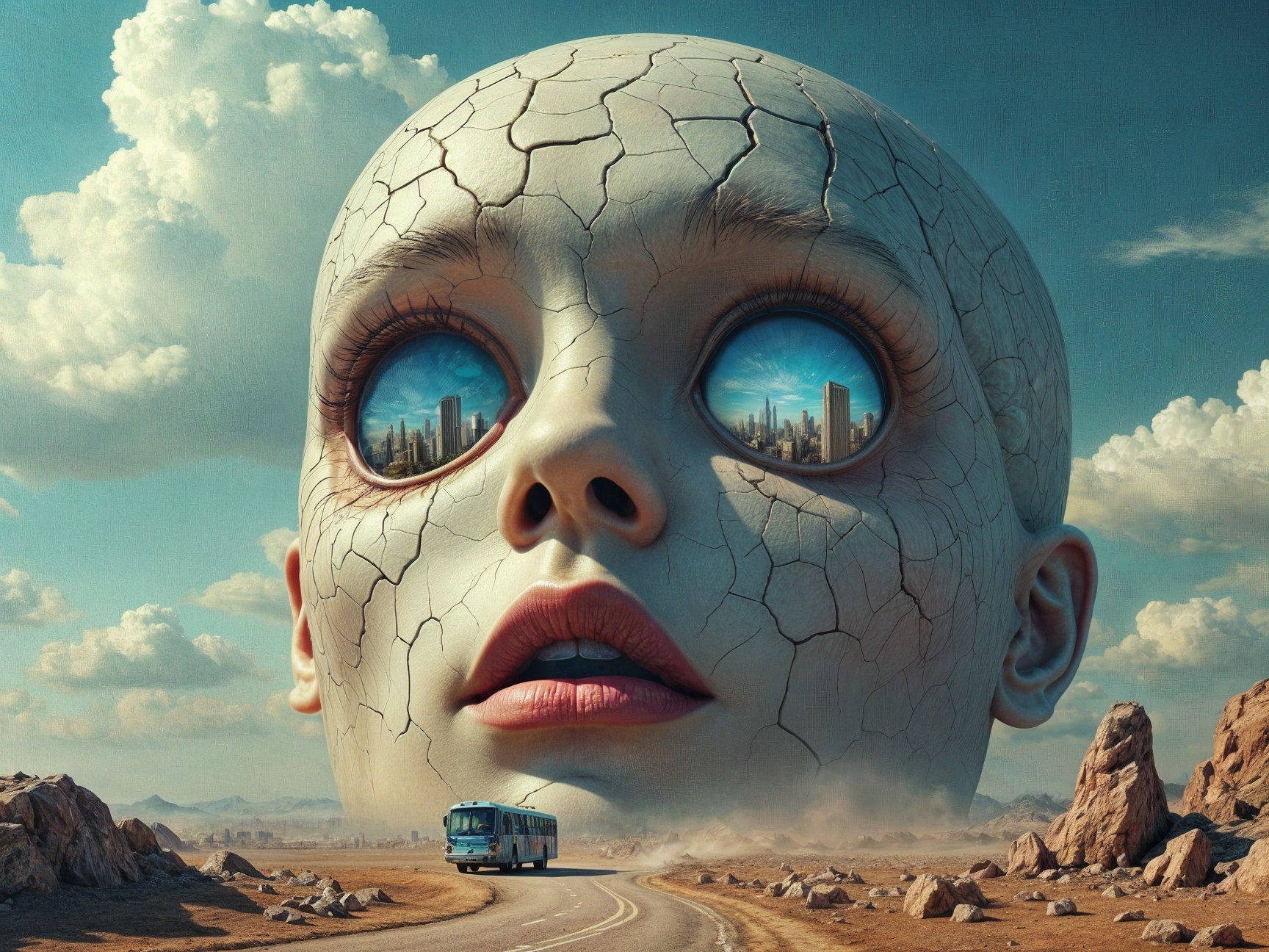 Surreal Landscape with Doll Head and Cityscape Eyes