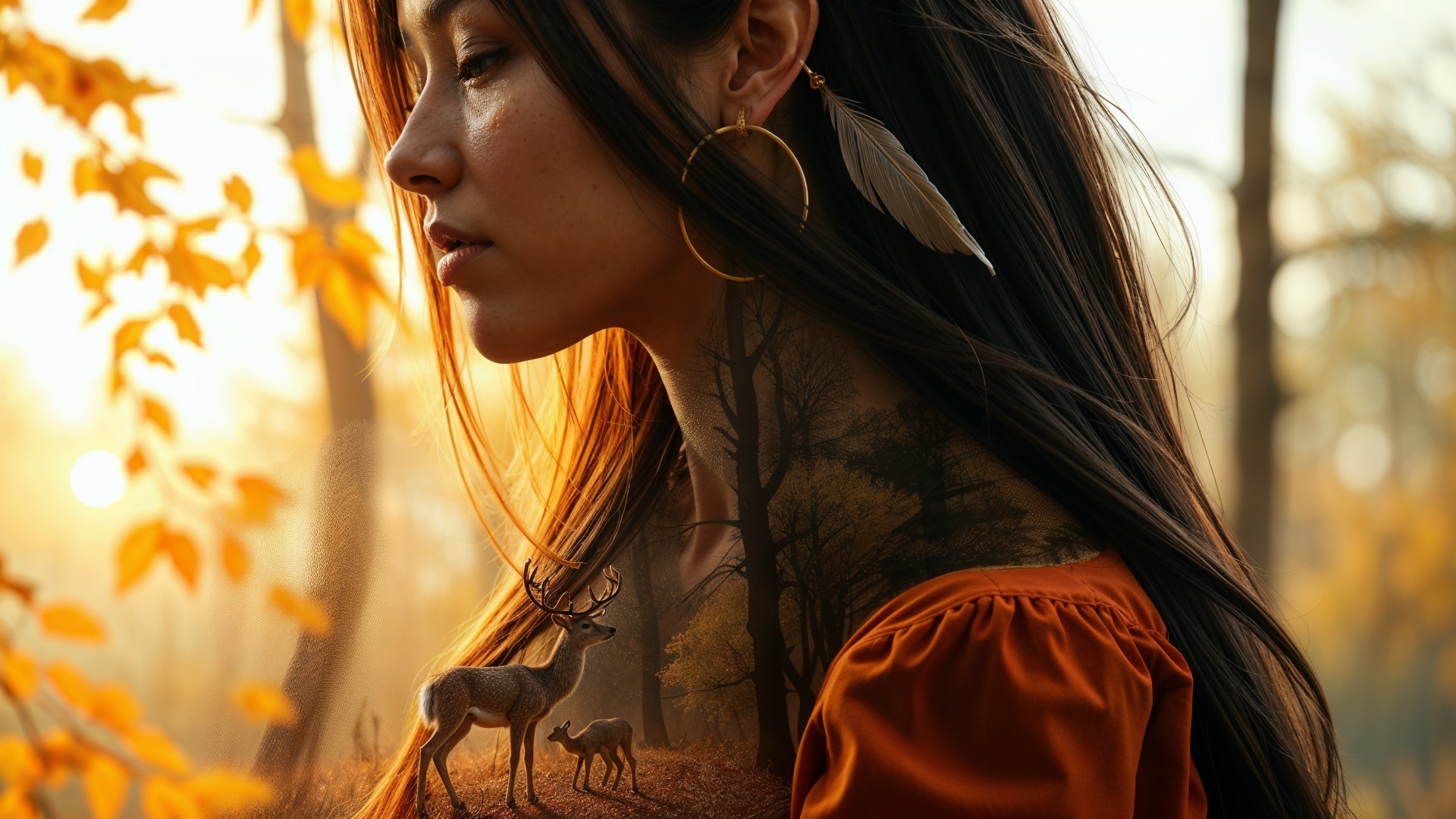 Woman in Autumn Forest with Nature Silhouette
