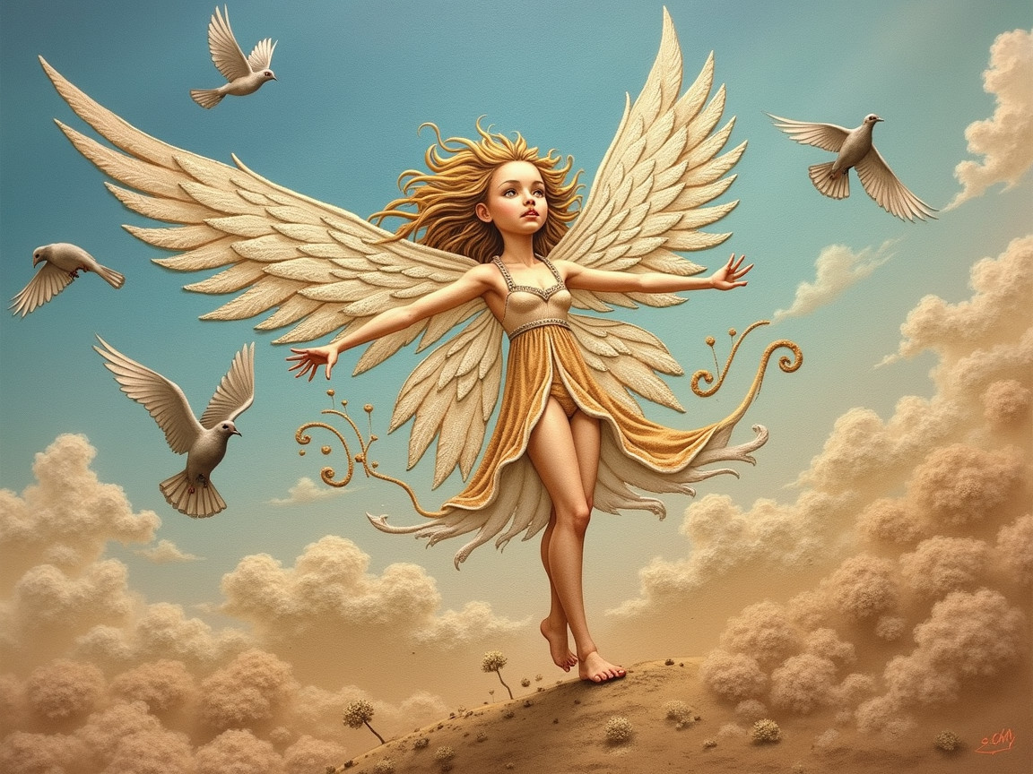 Serene figure with wings on a hill under blue sky