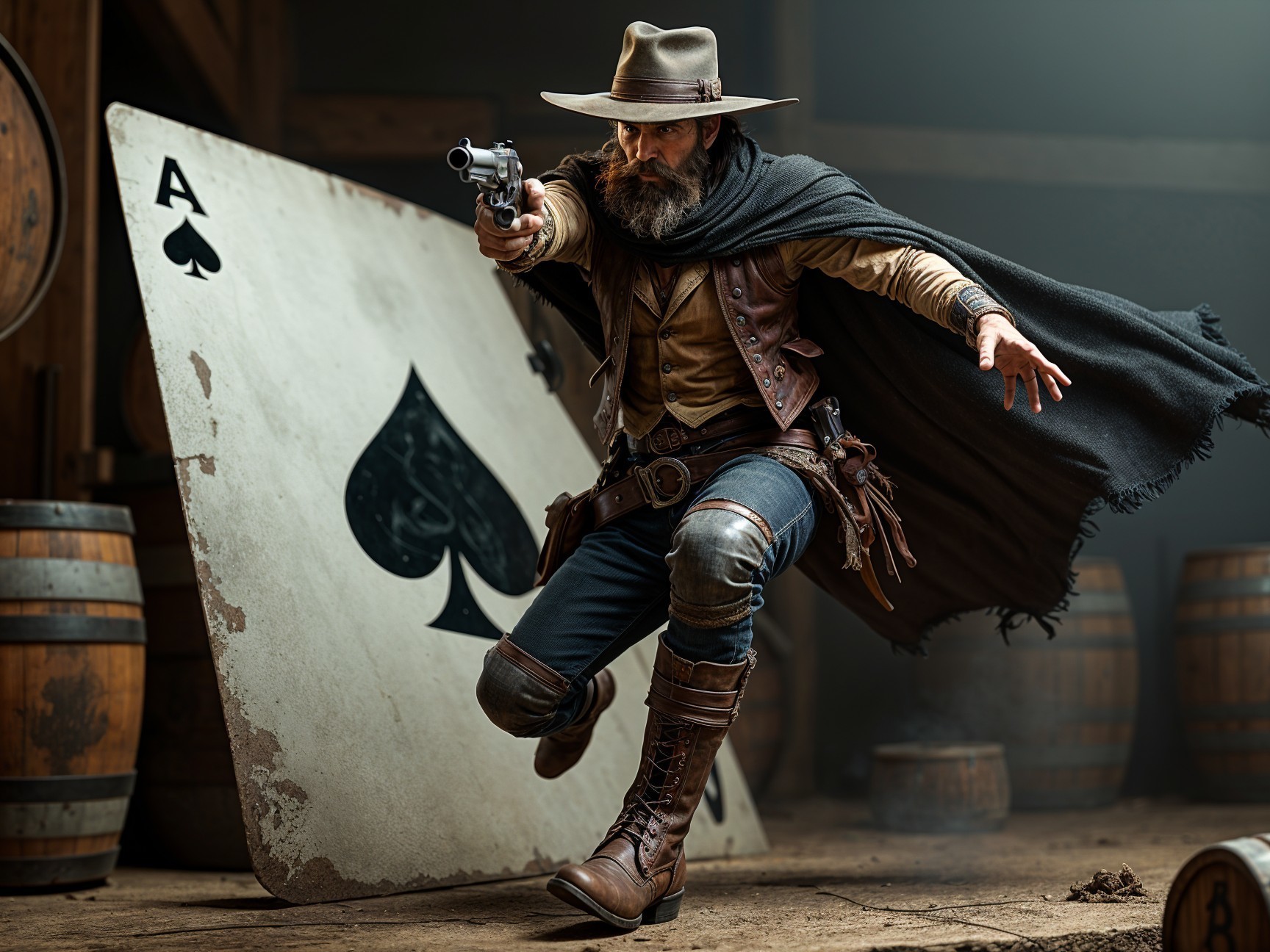 Cowboy Drawing Revolver in Dimly Lit Barn Setting