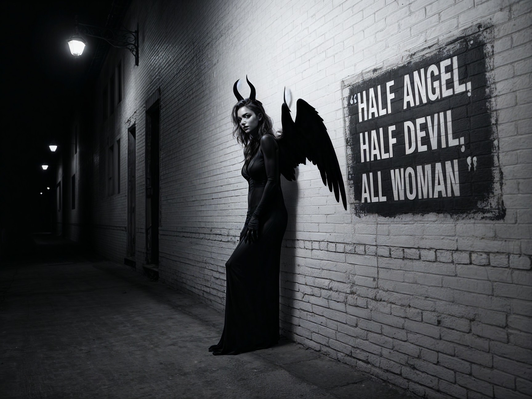Striking Woman with Horns and Wings in Alley Setting