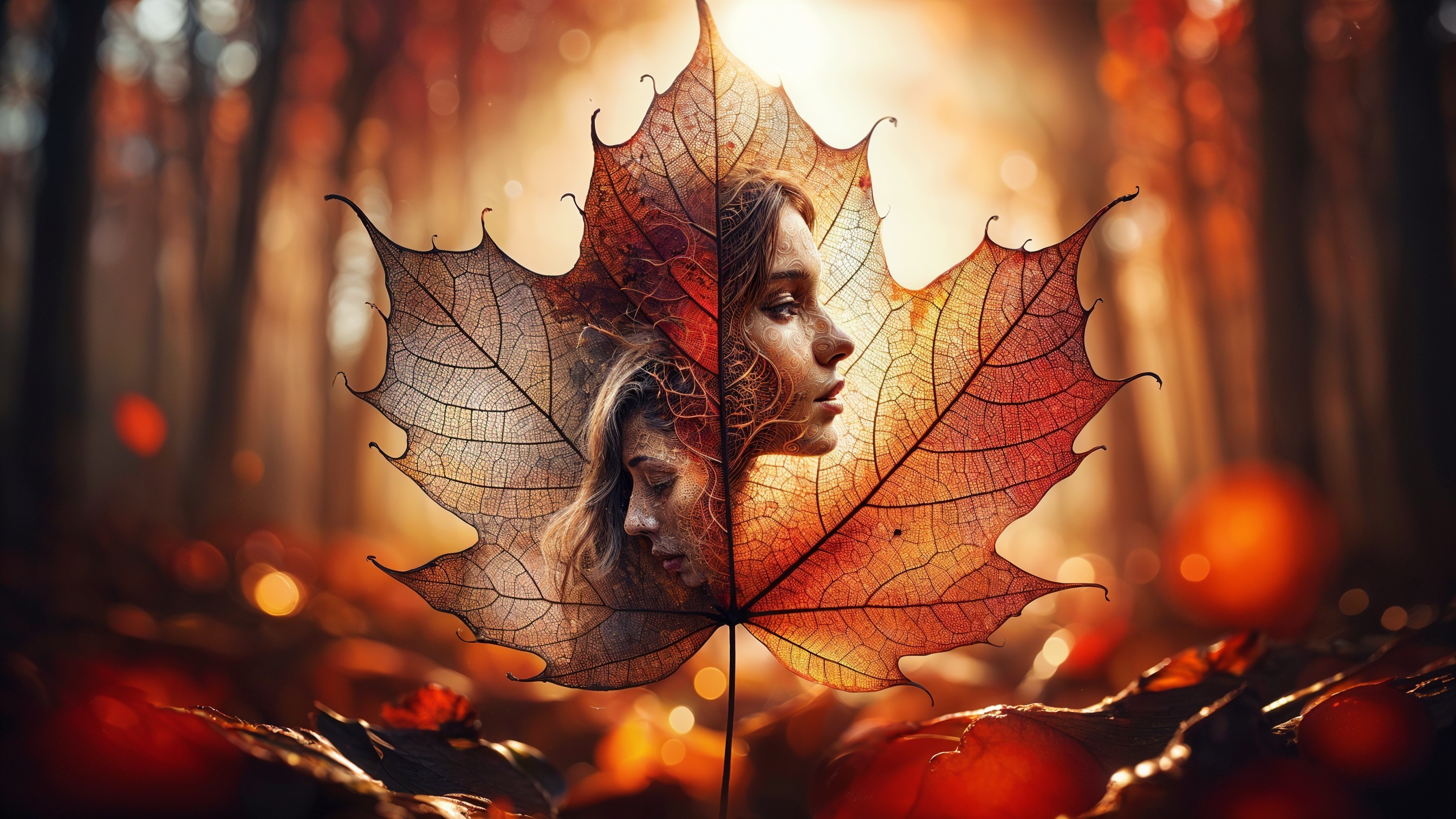 Surreal Faces in Autumn Leaf with Dreamy Forest Setting