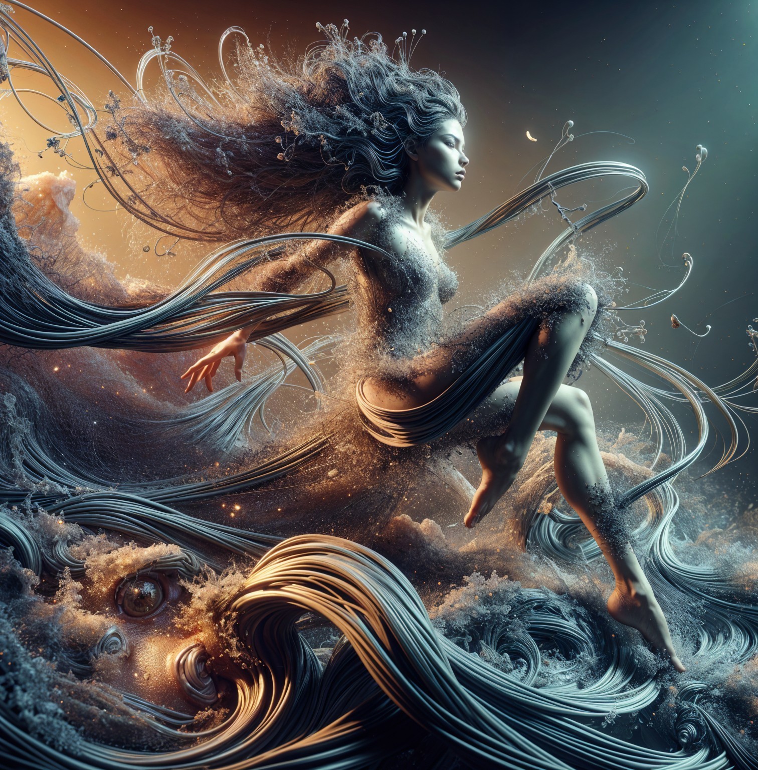 Surreal Figure Emerging from Flowing Waves and Water