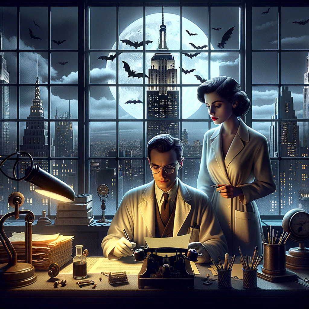 Lab Coat Scientists in Dim Room with Moonlit Skyline