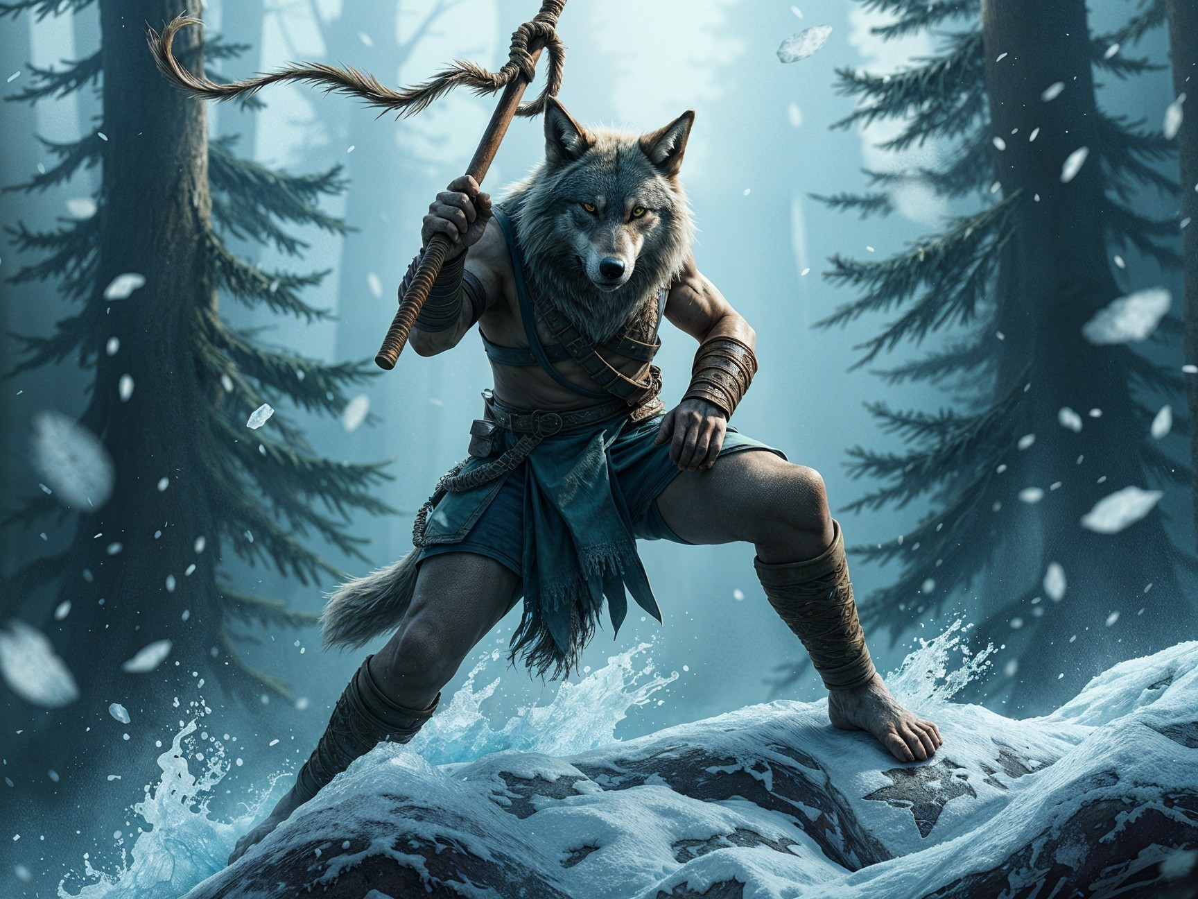 Warrior with Wolf Mask on Rocky Surface in Misty Forest