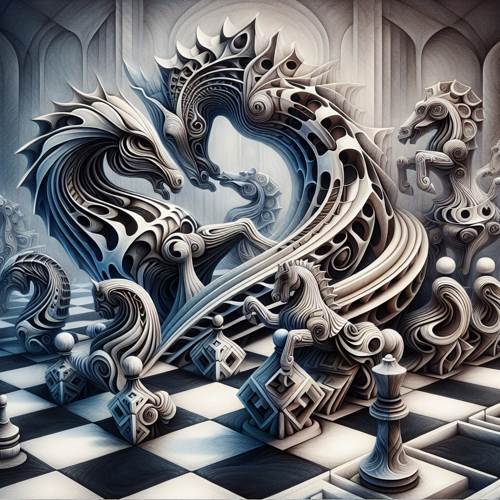 Surreal Chess Scene with Abstract Dragons and Horses